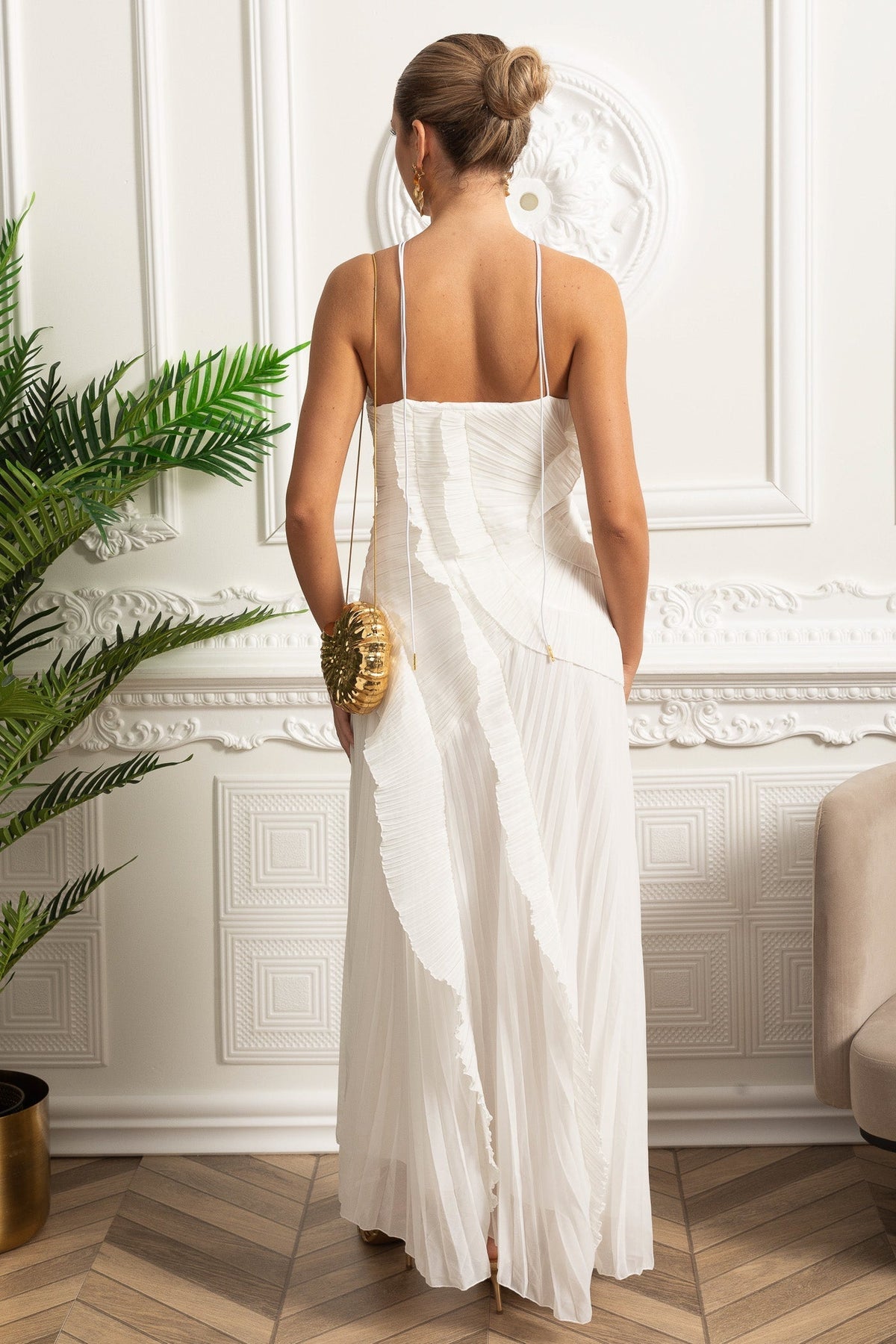 Accordion Pleated Halter Midi Dress with Cascading Ruffles – White – view 9