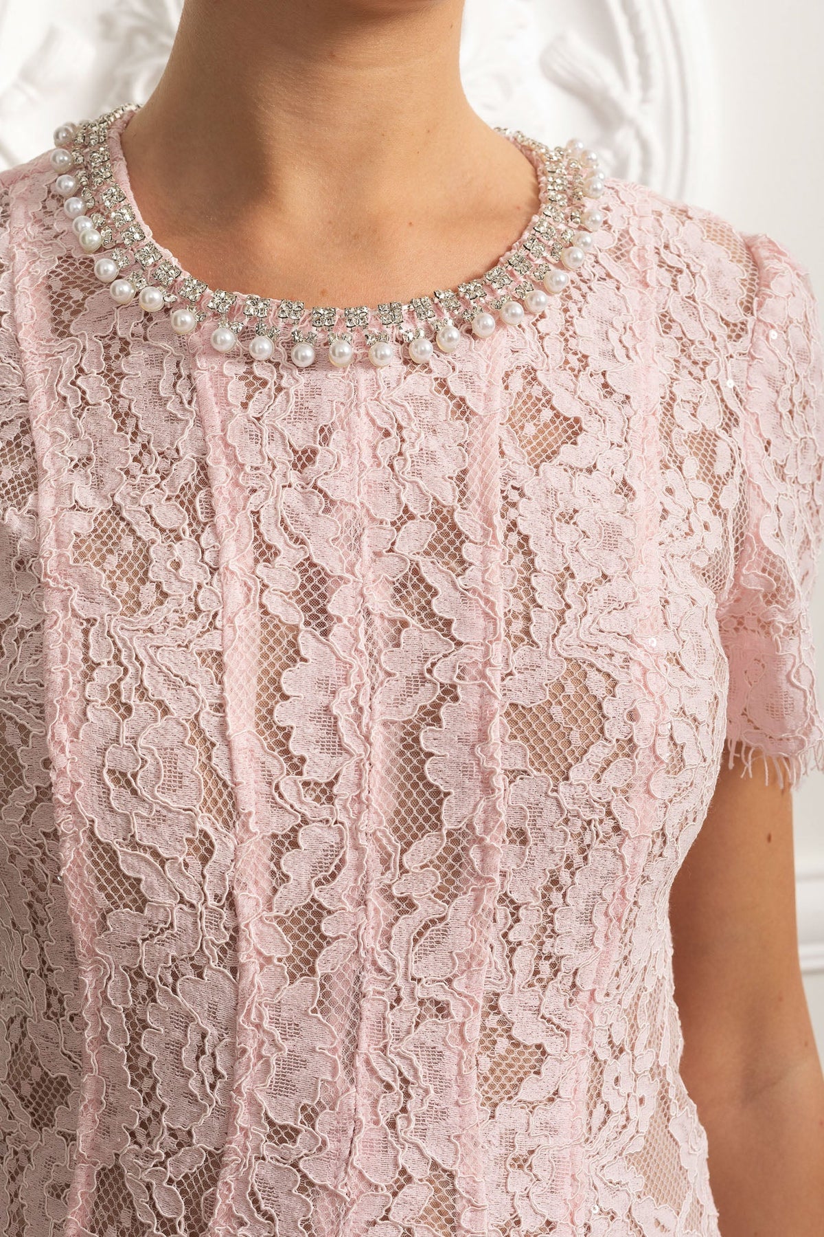 Lace A-Line Midi Dress with Crystal Embellished Crew Neck – Pink – view 6