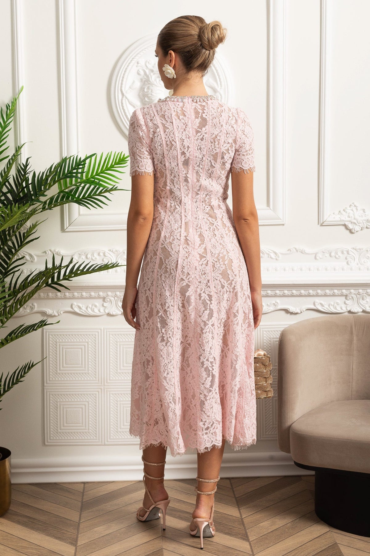 Lace A-Line Midi Dress with Crystal Embellished Crew Neck – Pink – view 4