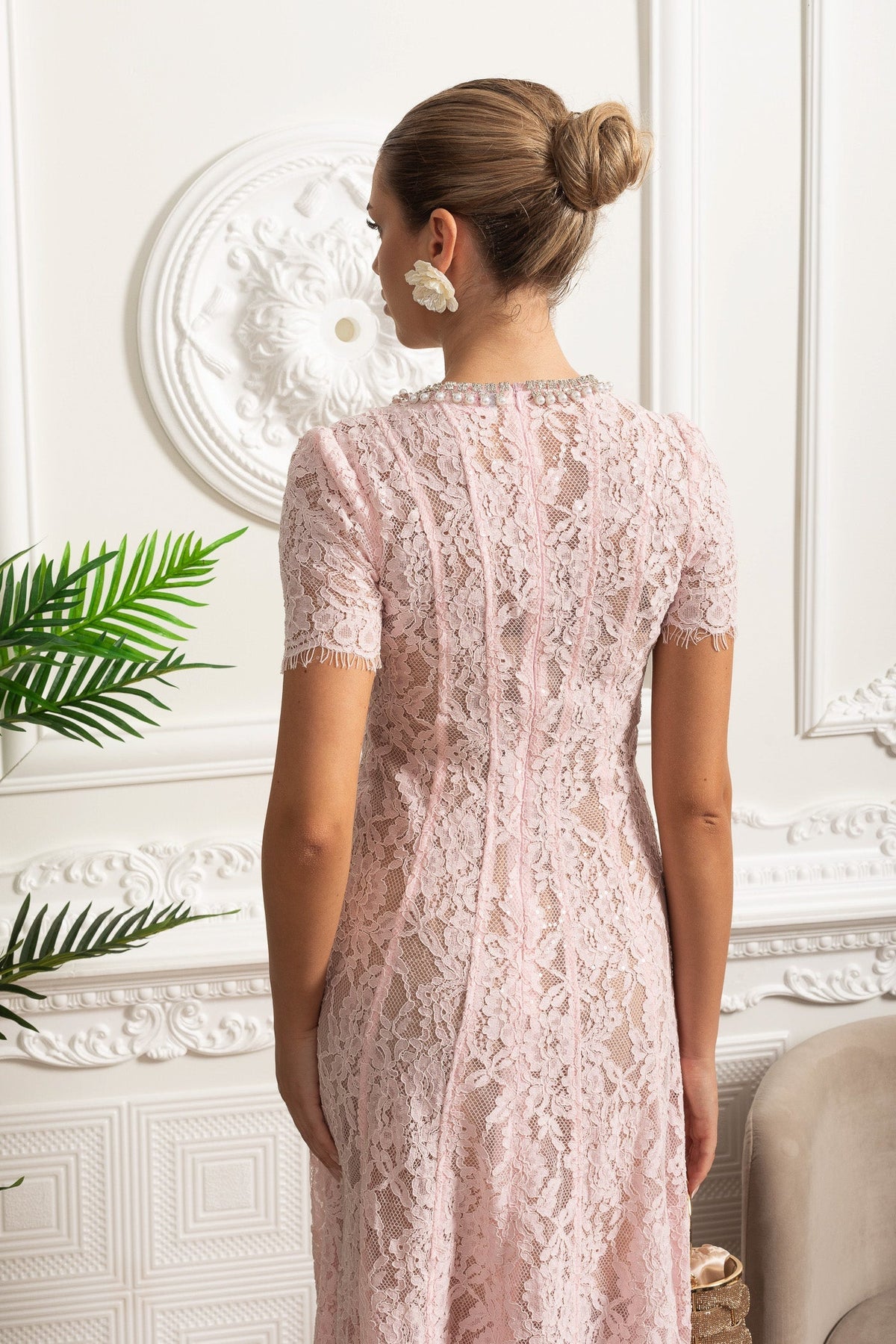 Lace A-Line Midi Dress with Crystal Embellished Crew Neck – Pink – view 8