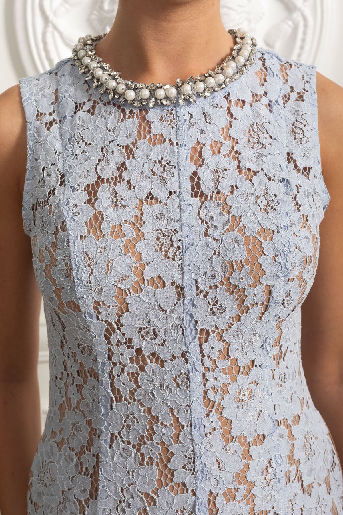 Sleeveless Floral Lace A-Line Mini Dress with Scalloped Hem – Blue – view 5