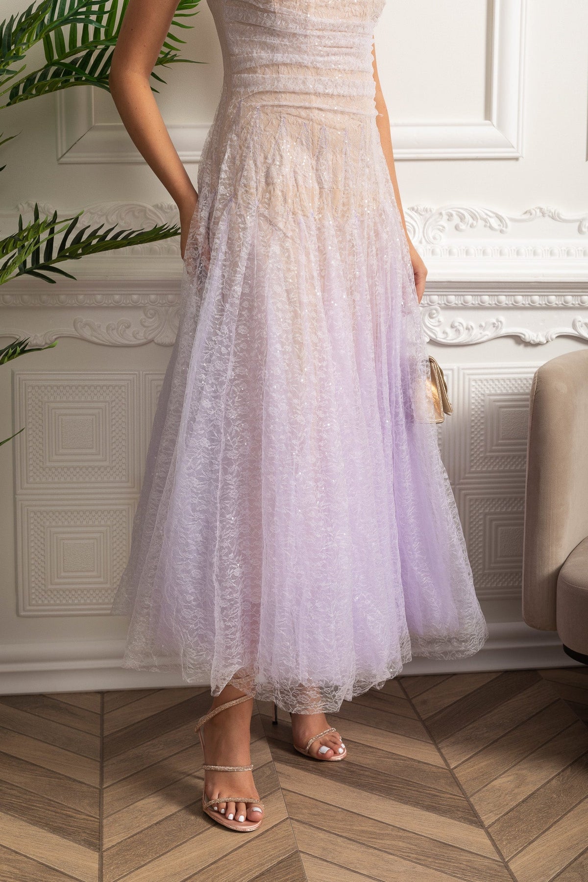 Strapless A-Line Midi Dress with Shimmering Tulle Overlay – Lilac Gradient – view 8
