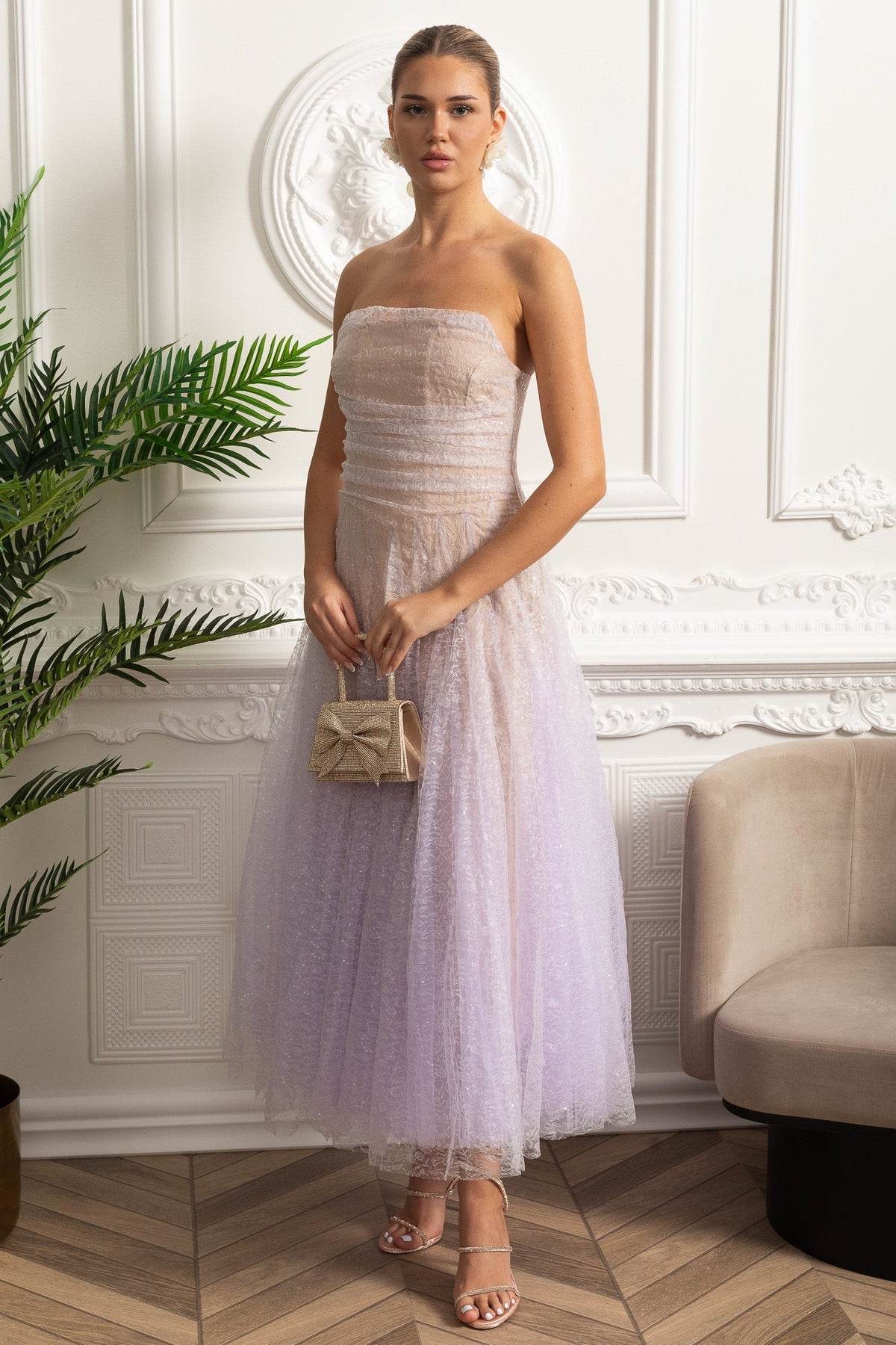 Strapless A-Line Midi Dress with Shimmering Tulle Overlay – Lilac Gradient – view 5