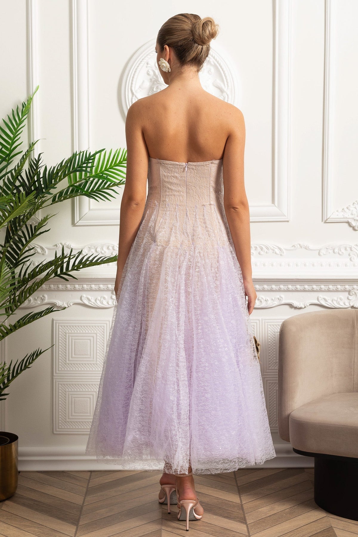 Strapless A-Line Midi Dress with Shimmering Tulle Overlay – Lilac Gradient – view 9