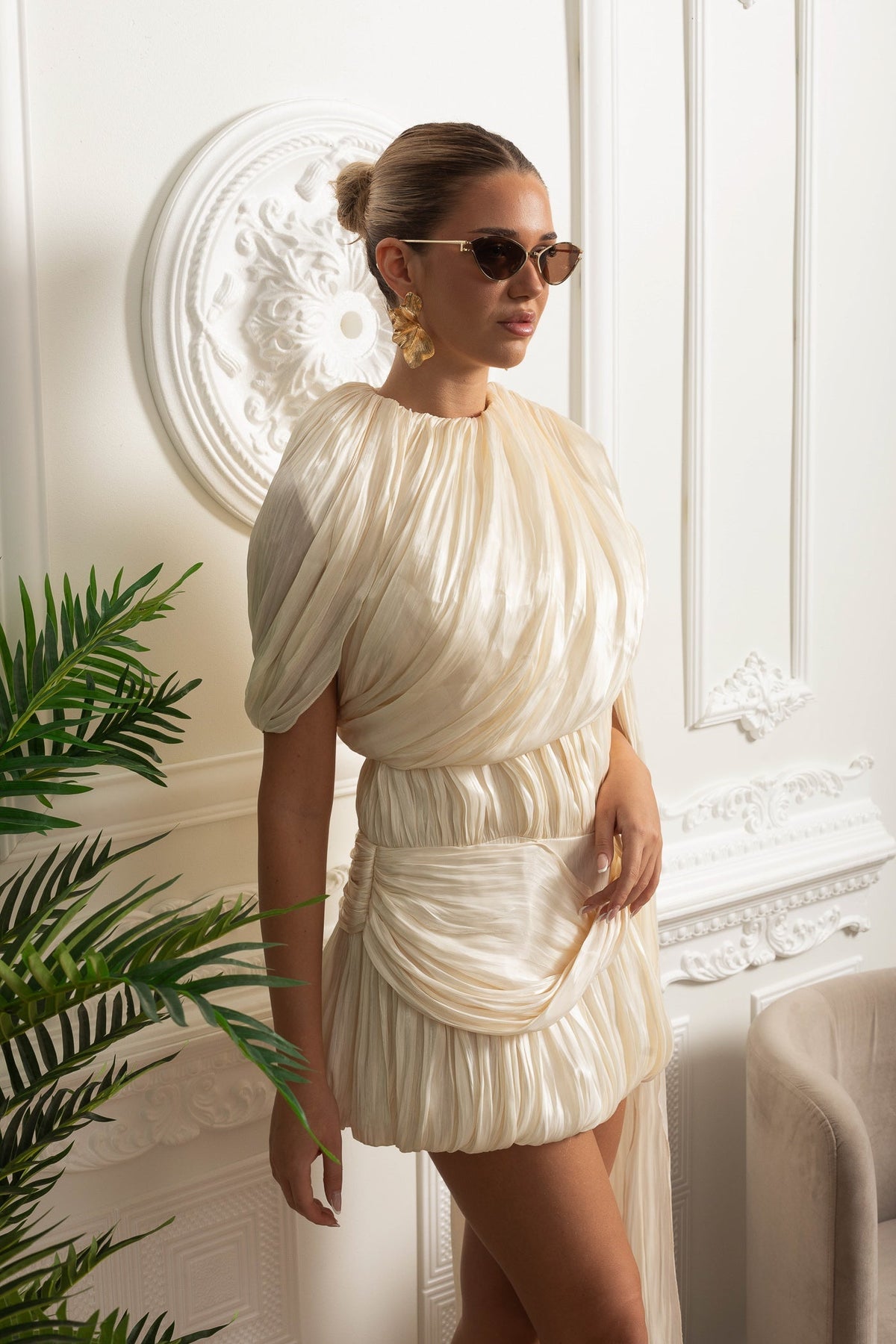 Pleated One-Shoulder Bubble Mini Dress with Draped Sash – Ivory – view 4