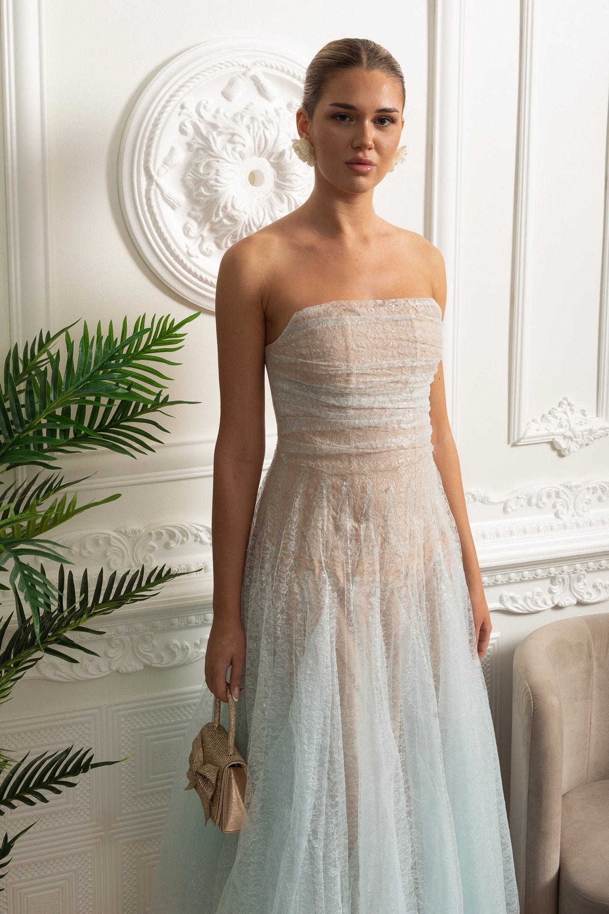 Strapless Tulle Midi Dress with Iridescent Sparkle – Turquoise Gradient