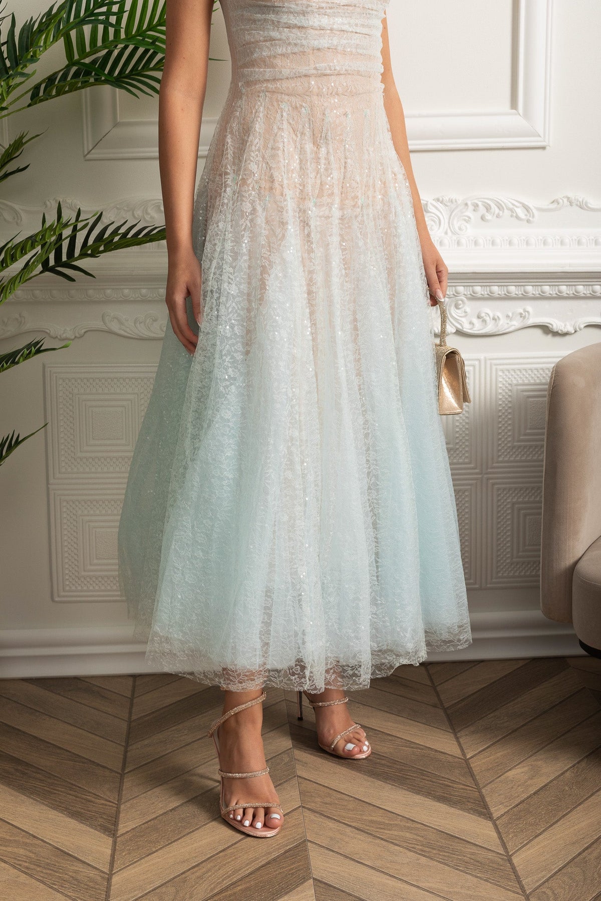 Strapless Tulle Midi Dress with Iridescent Sparkle – Turquoise Gradient – view 6