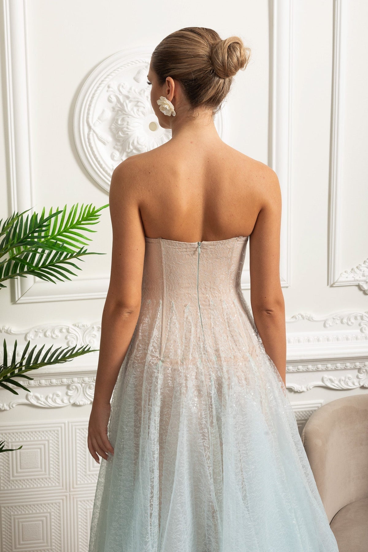 Strapless Tulle Midi Dress with Iridescent Sparkle – Turquoise Gradient – view 8