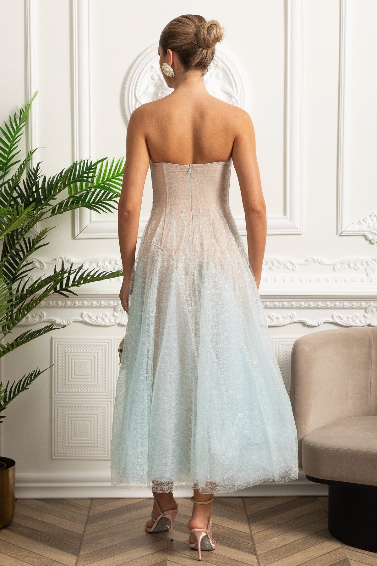 Strapless Tulle Midi Dress with Iridescent Sparkle – Turquoise Gradient – view 9