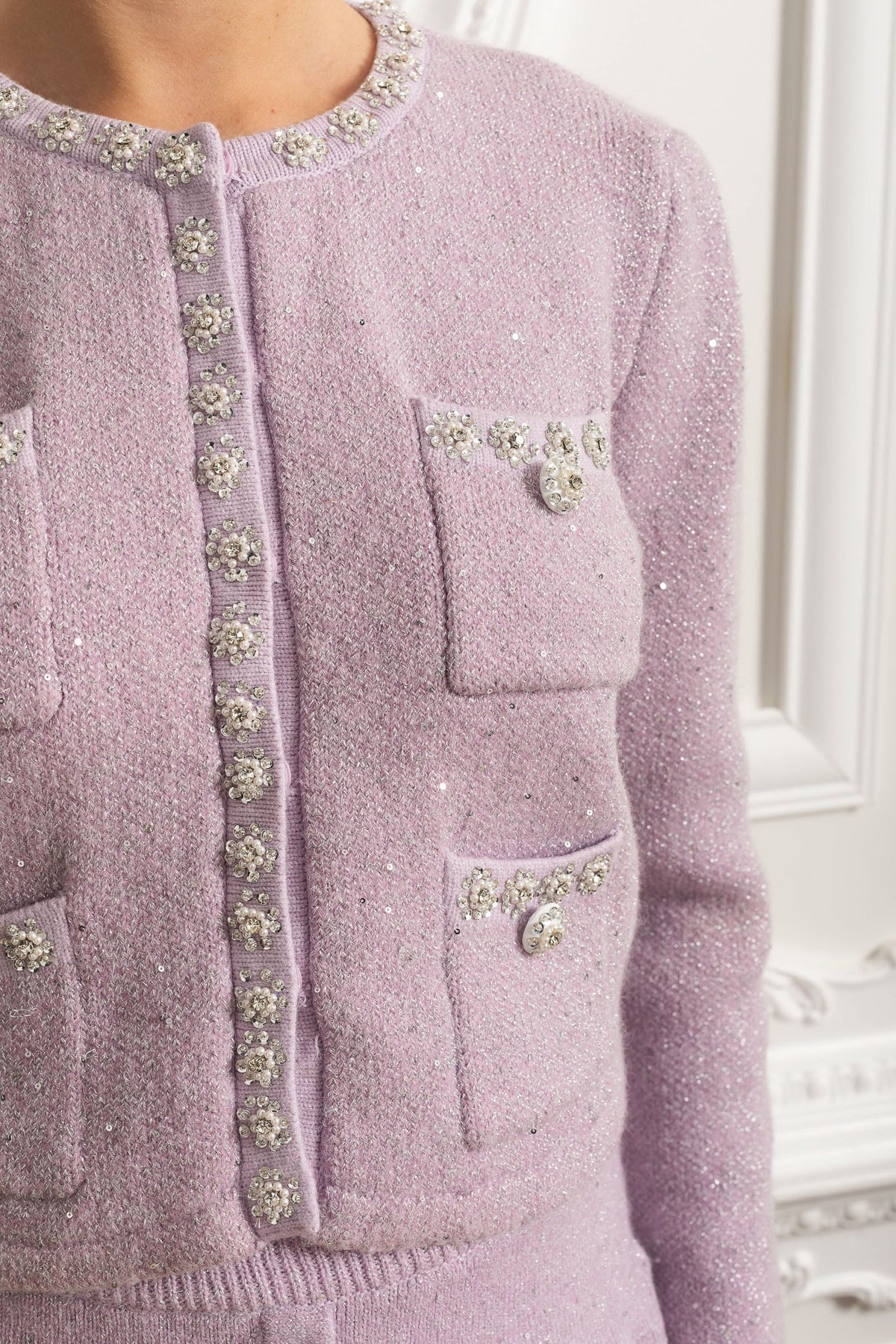 Embellished Knit Cardigan and Pleated Mini Skirt Co-ord Set – Lilac – view 4