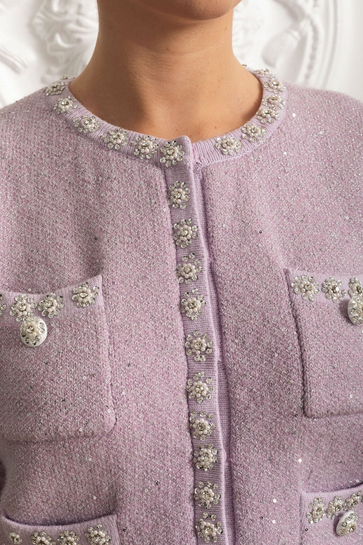 Embellished Knit Cardigan and Pleated Mini Skirt Co-ord Set – Lilac