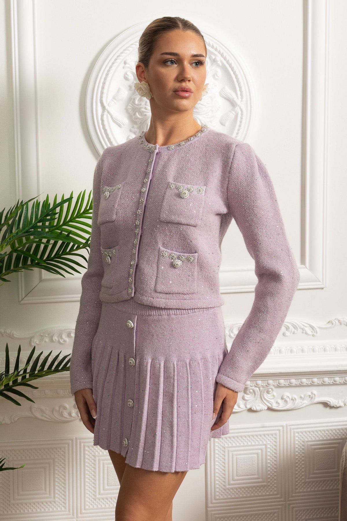 Embellished Knit Cardigan and Pleated Mini Skirt Co-ord Set – Lilac – view 7