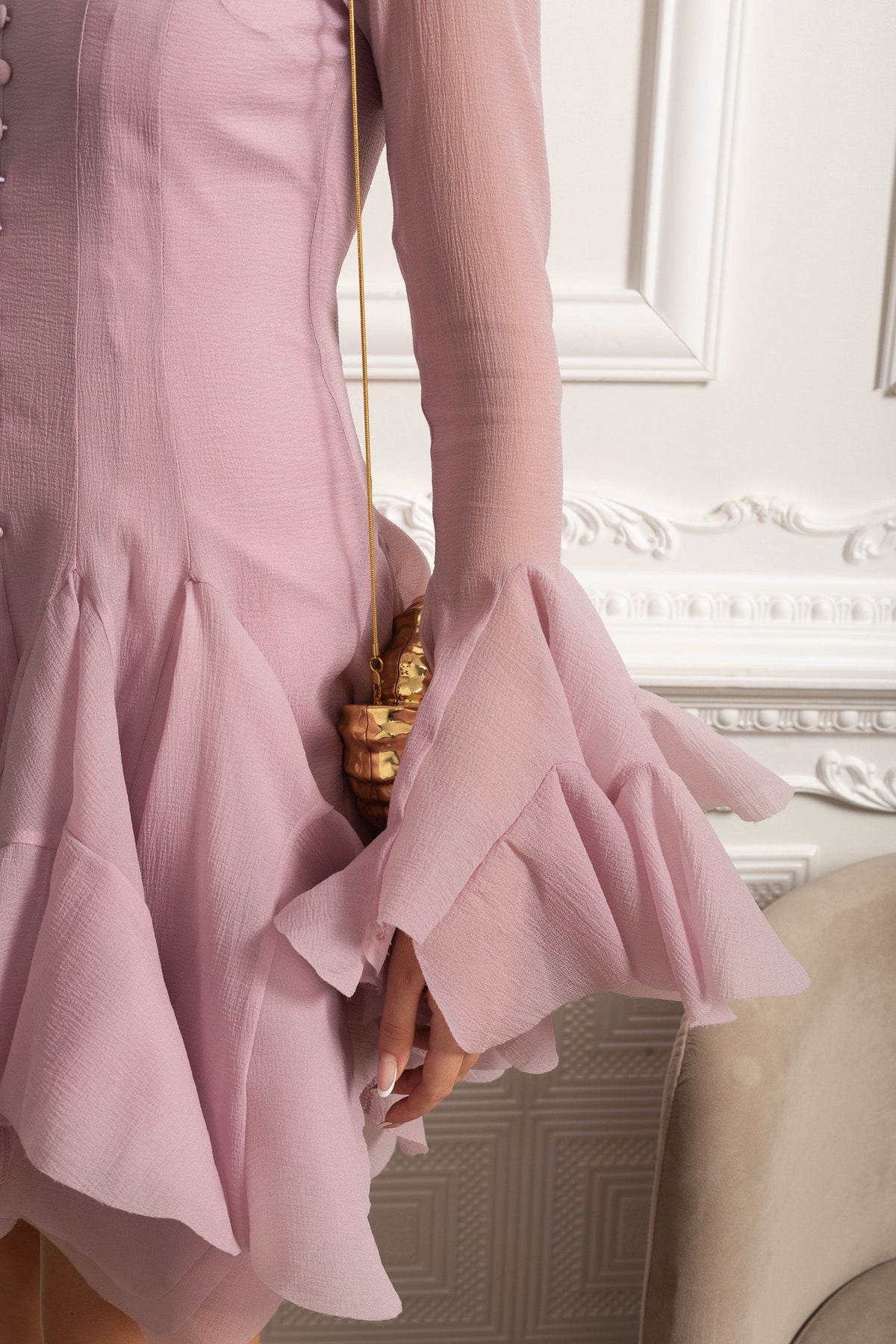 Square Neck Corset Waist Mini Dress with Sheer Ruffle Sleeves – Pink – view 4