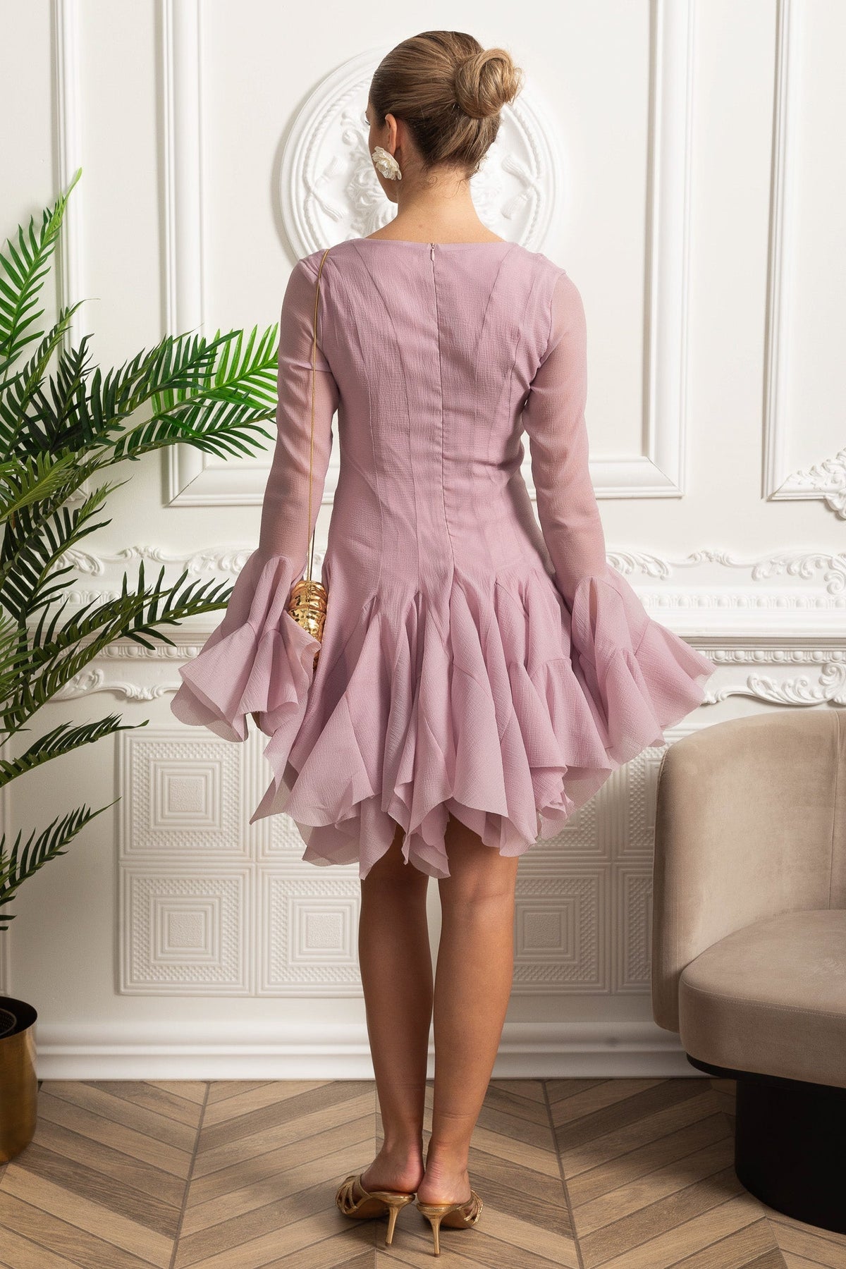Square Neck Corset Waist Mini Dress with Sheer Ruffle Sleeves – Pink – view 5