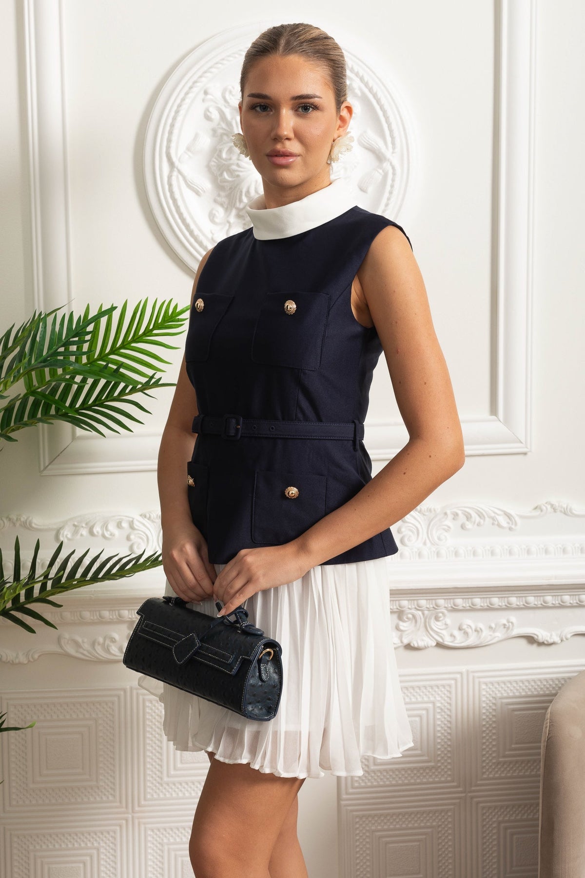 Tailored Mini Dress with Contrast Collar and Pleated Skirt – Navy and White – view 3