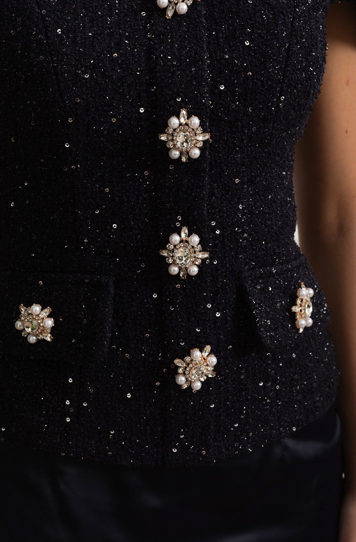 Embellished Tweed Top and Satin Maxi Skirt Co-ord Set – Navy