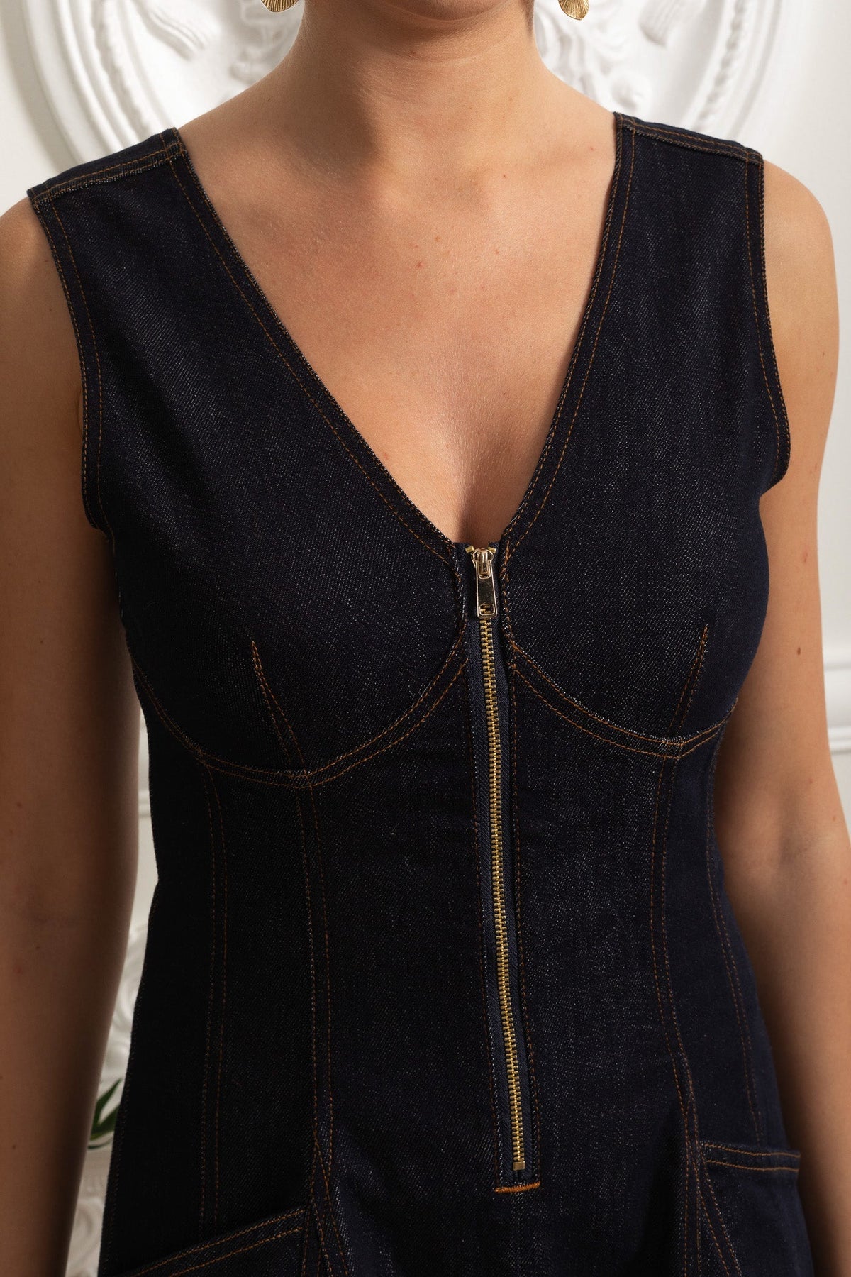 Sleeveless V-Neck A-Line Dress with Exposed Front Zip – Dark Denim – view 4