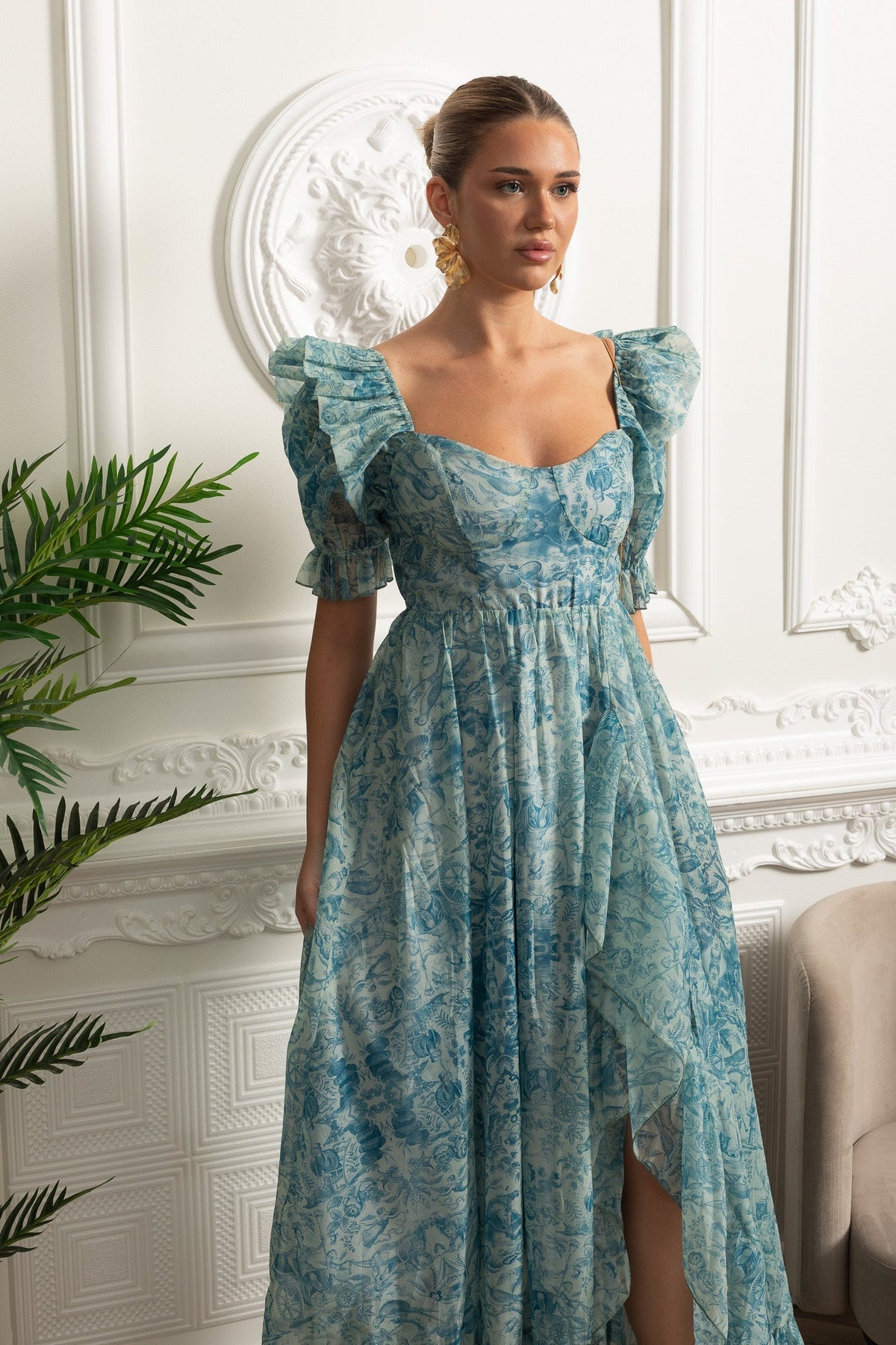 Sweetheart Neck Printed Maxi Dress with Puff Sleeves and Front Slit – Blue – view 5