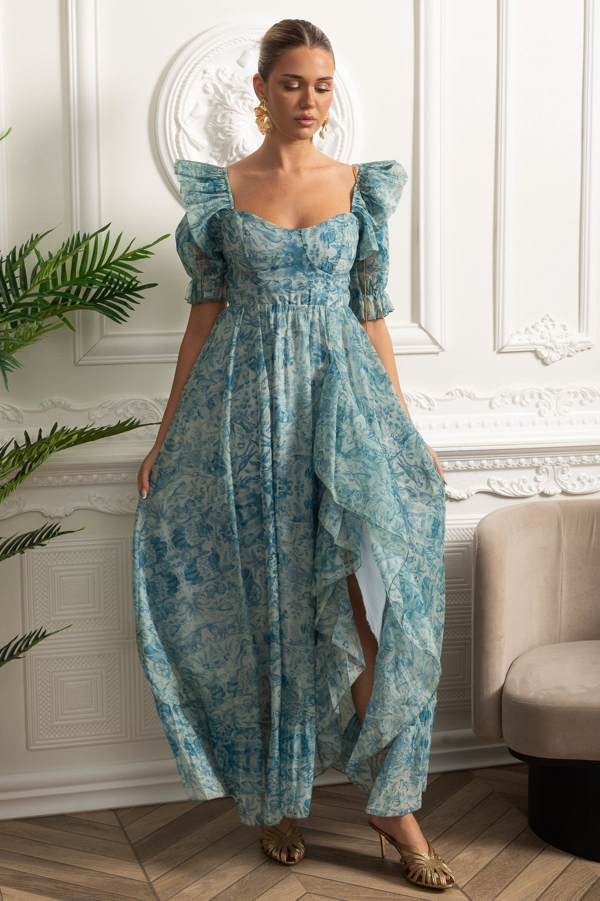 Sweetheart Neck Printed Maxi Dress with Puff Sleeves and Front Slit – Blue – view 6