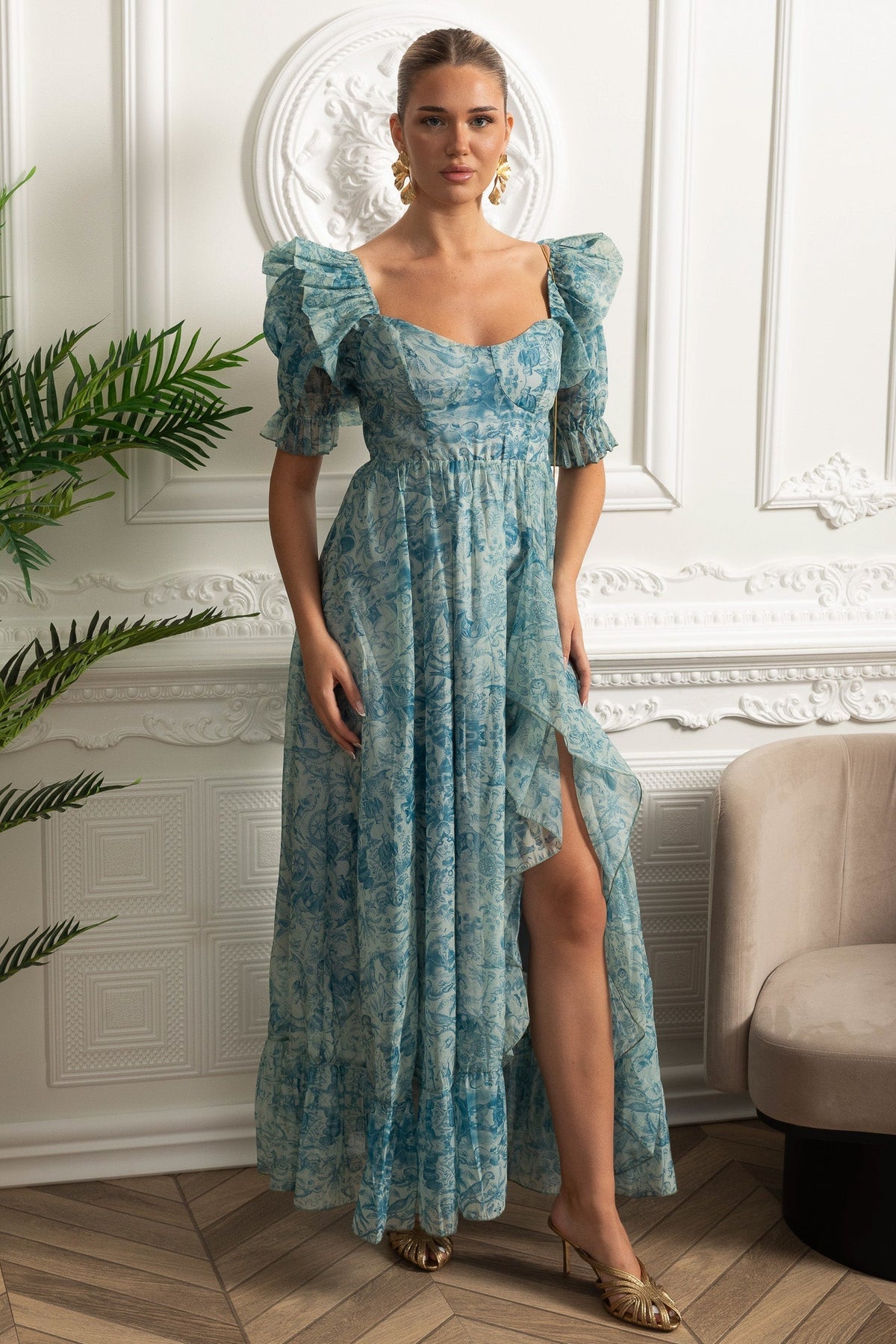 Sweetheart Neck Printed Maxi Dress with Puff Sleeves and Front Slit – Blue – view 4