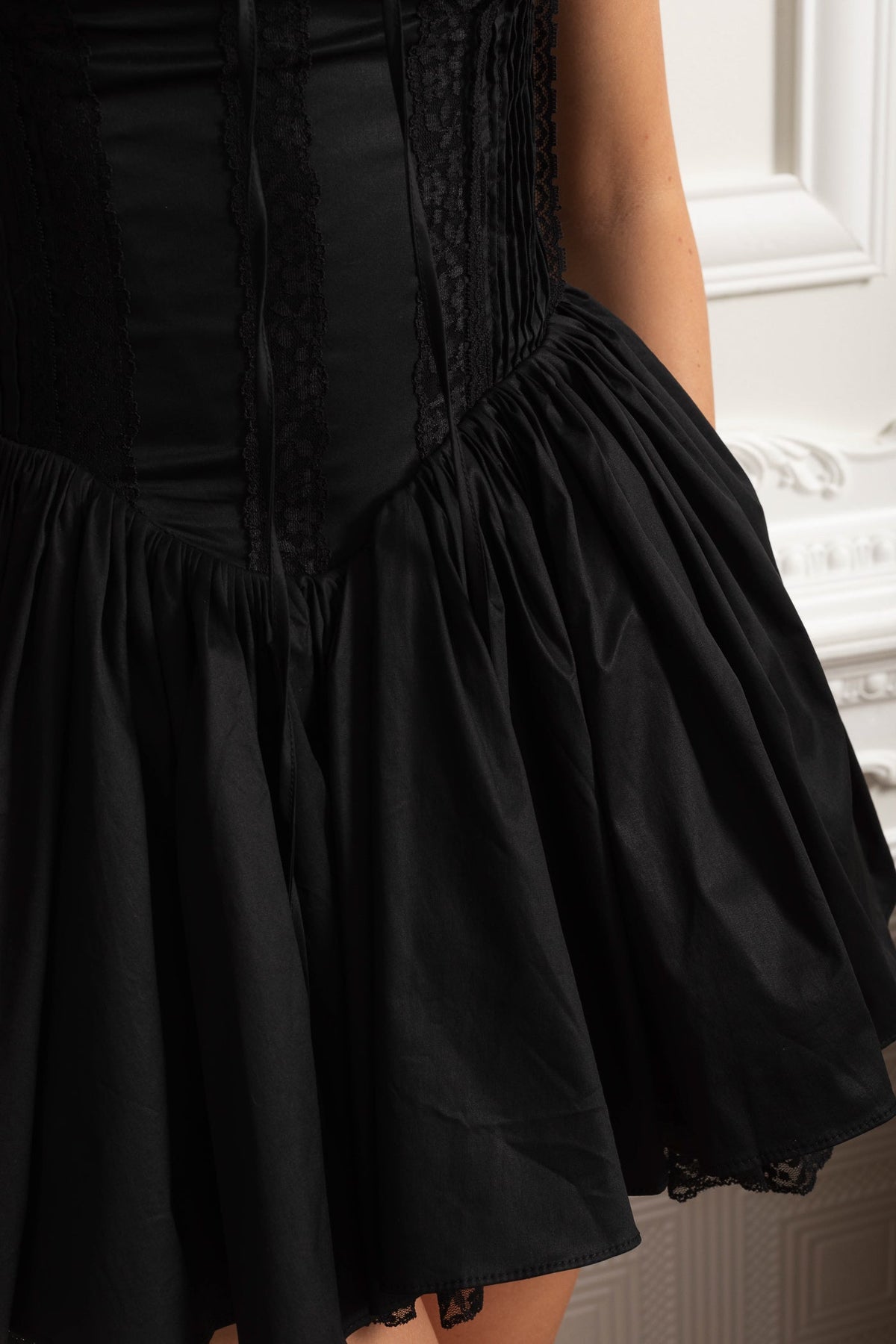 Lace Trim Corset Bustier Mini Dress with Lace-Up Back – Black – view 6