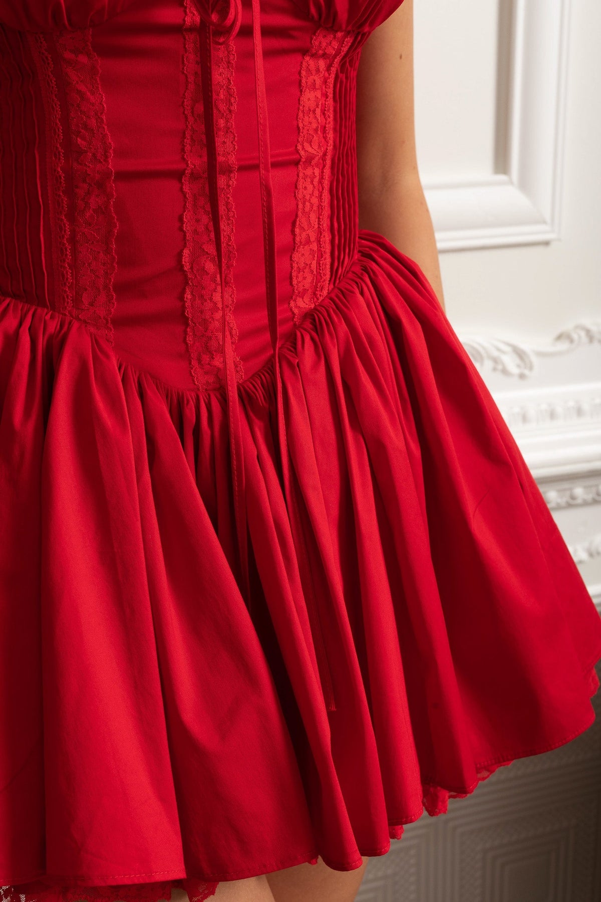 Corset Bustier Mini Dress with Lace-Up Back and Gathered Hem – Red – view 8