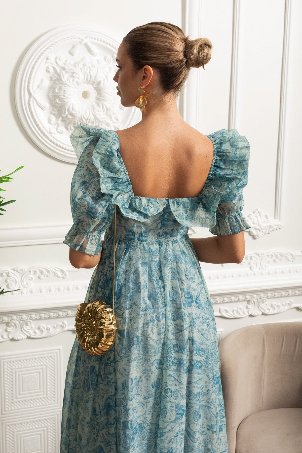 Sweetheart Neck Printed Maxi Dress with Puff Sleeves and Front Slit – Blue – view 9