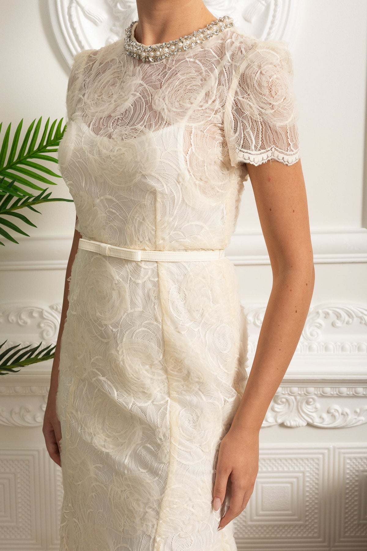 Embroidered Lace Short Sleeve Midi Dress with Thin Waist Belt – Ivory – view 6