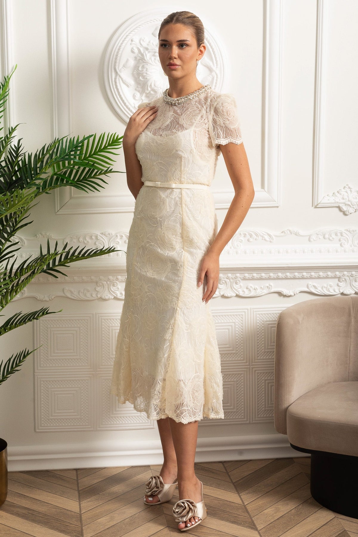 Embroidered Lace Short Sleeve Midi Dress with Thin Waist Belt – Ivory – view 4