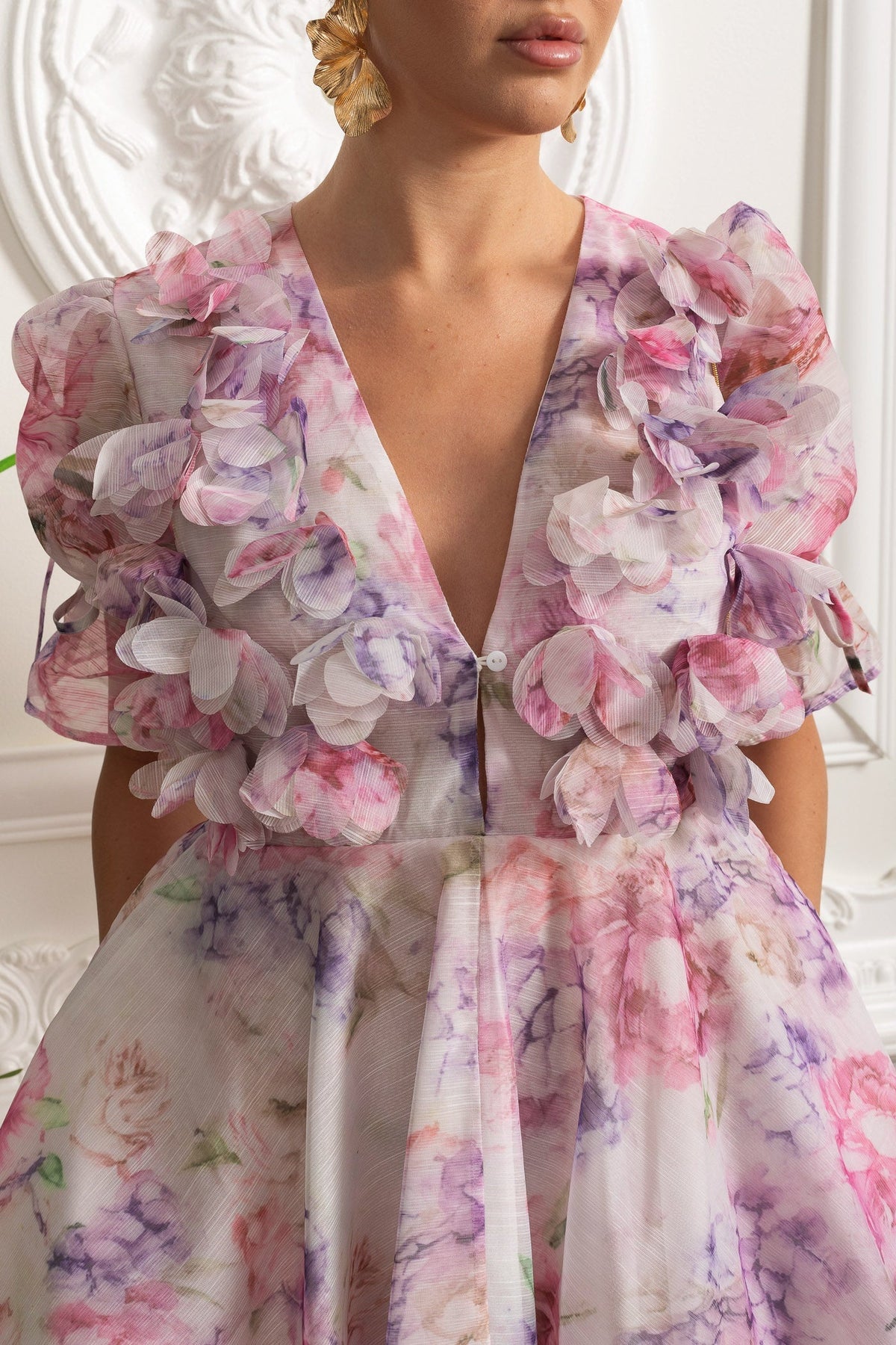 3D Floral Appliqué Puff Sleeve V-Neck A-Line Mini Dress – Pink – view 5