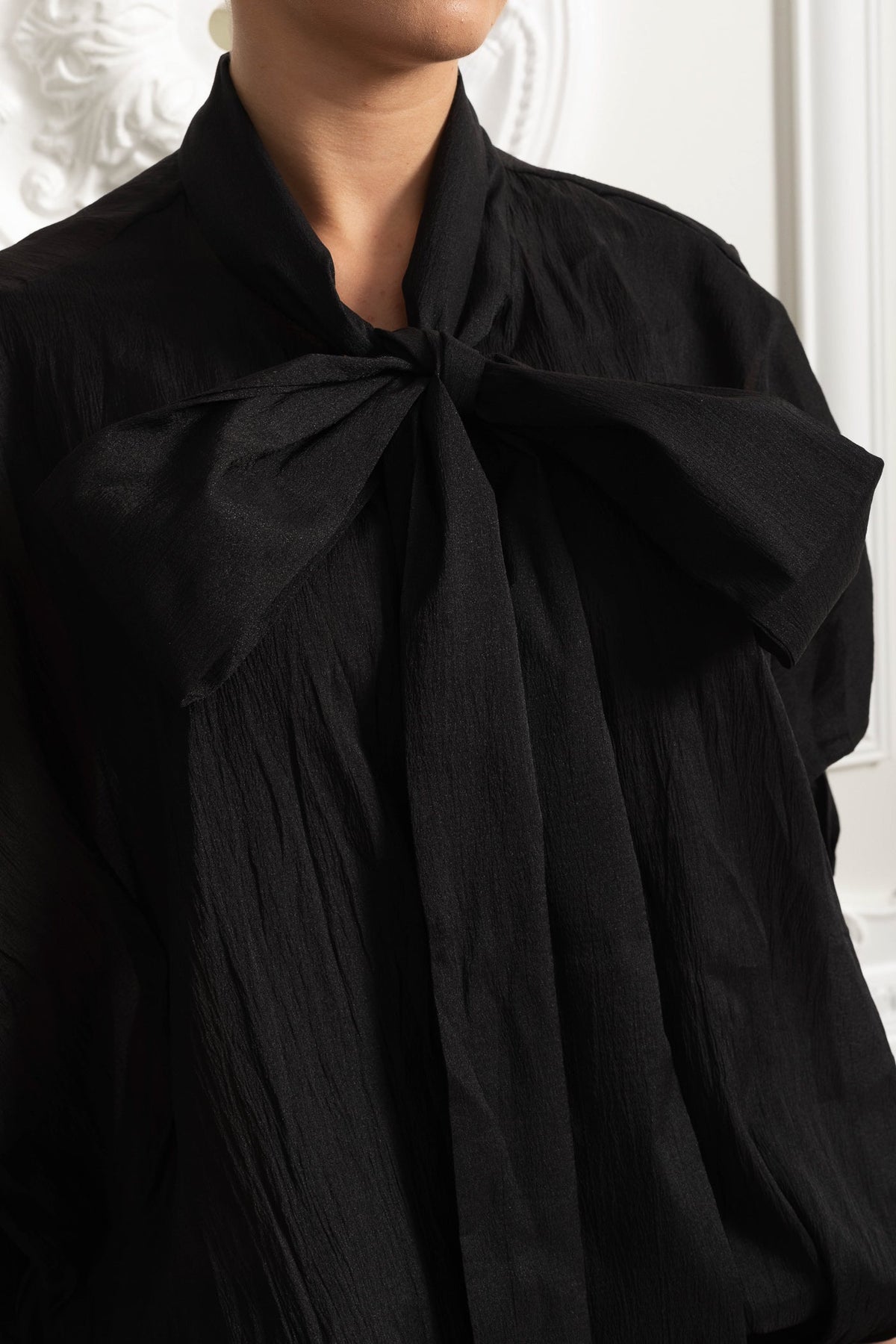 Sheer Bow Neck Balloon Sleeve Mini Dress with Ruffle Hem – Black – view 5