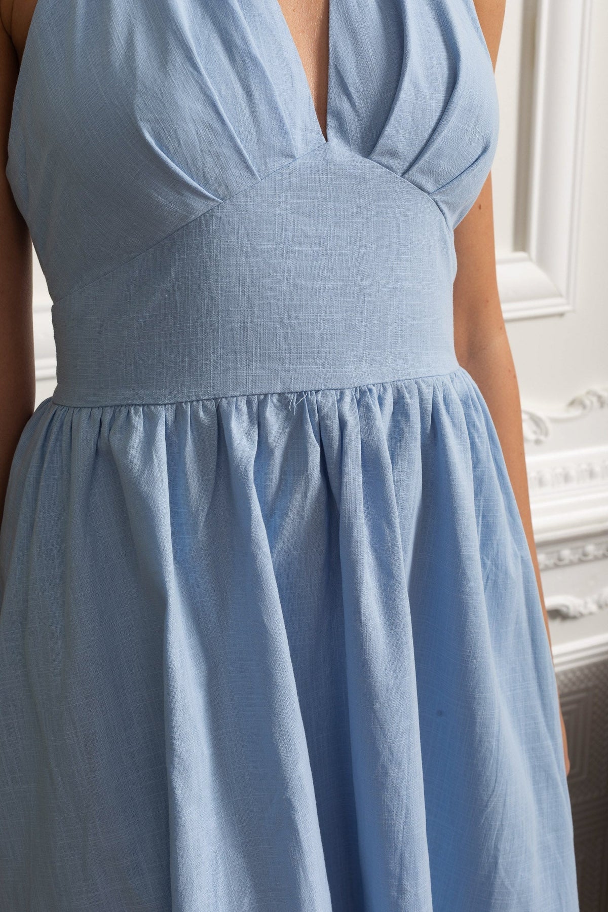 Plunging Halterneck Midi Dress with A-Line Gathered Skirt – Blue – view 6