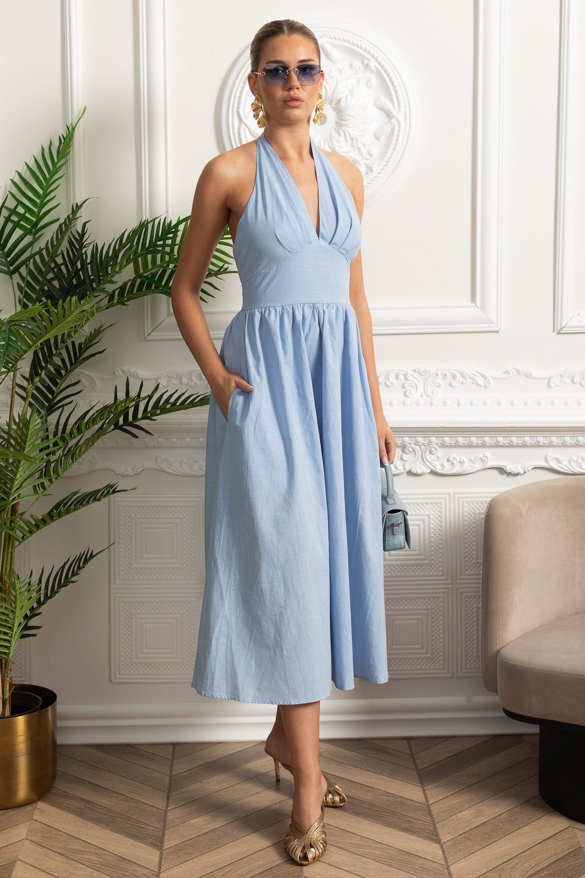 Plunging Halterneck Midi Dress with A-Line Gathered Skirt – Blue – view 3
