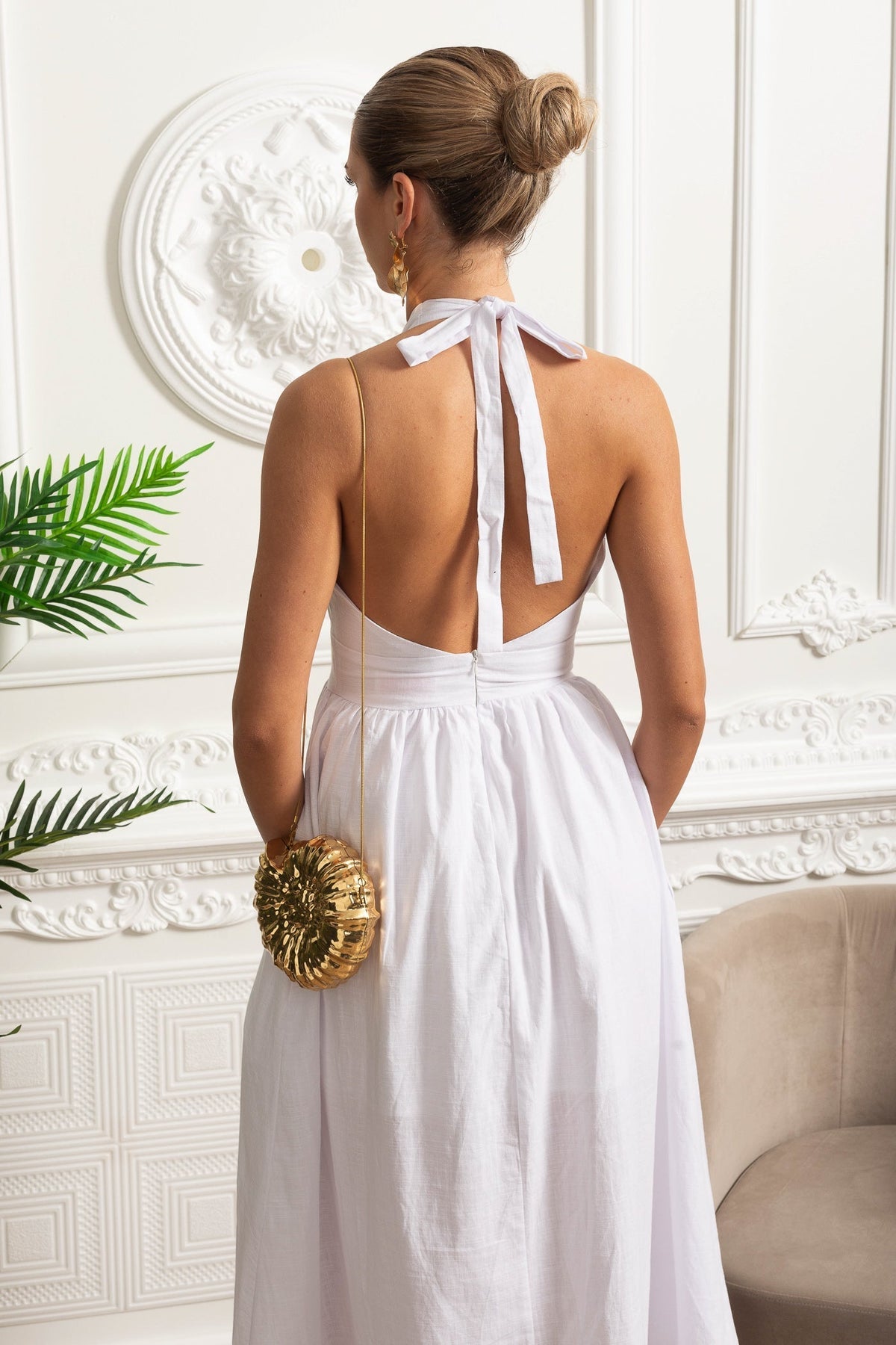 Plunging Halterneck Midi Dress with A-Line Gathered Skirt – White – view 6