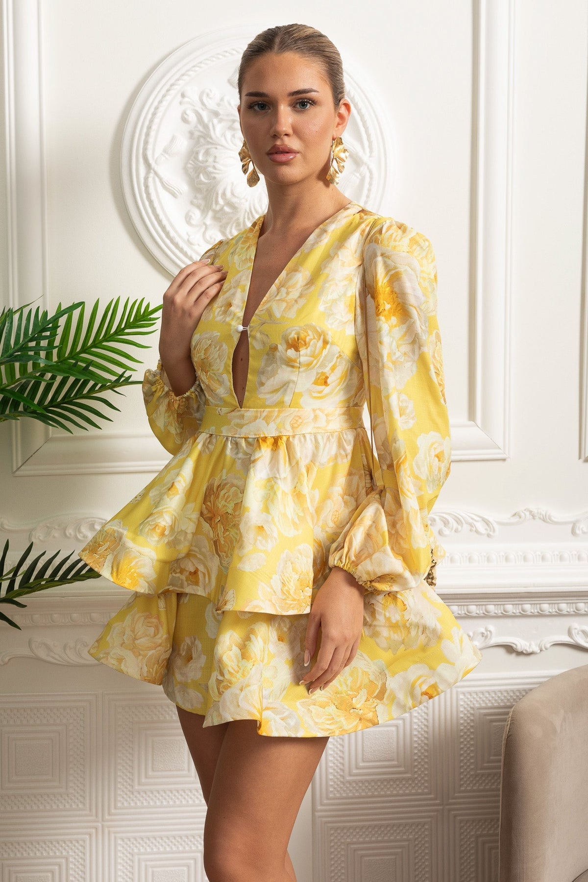 Watercolour Floral V-Neck Volume Sleeve Peplum Mini Dress – Yellow – view 6