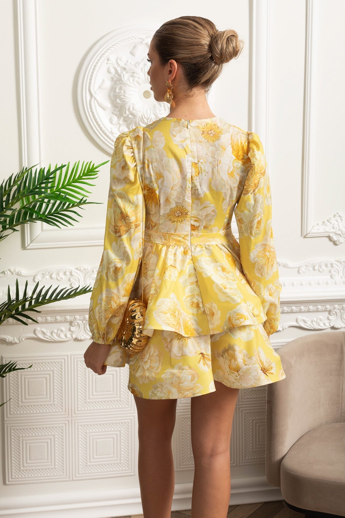 Watercolour Floral V-Neck Volume Sleeve Peplum Mini Dress – Yellow – view 7