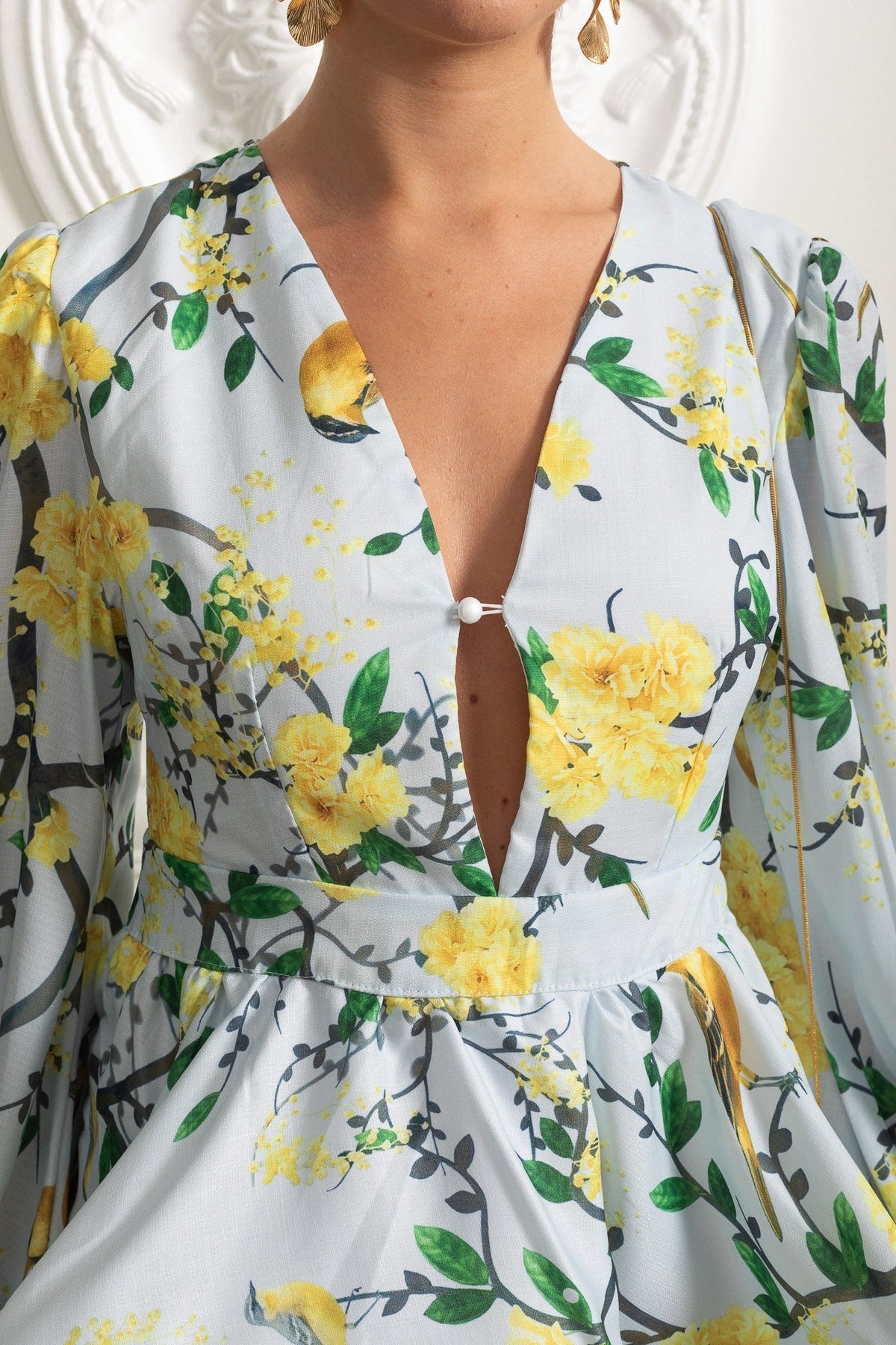 Watercolour Floral V-Neck Volume Sleeve Peplum Mini Dress – Sky Blue – view 4
