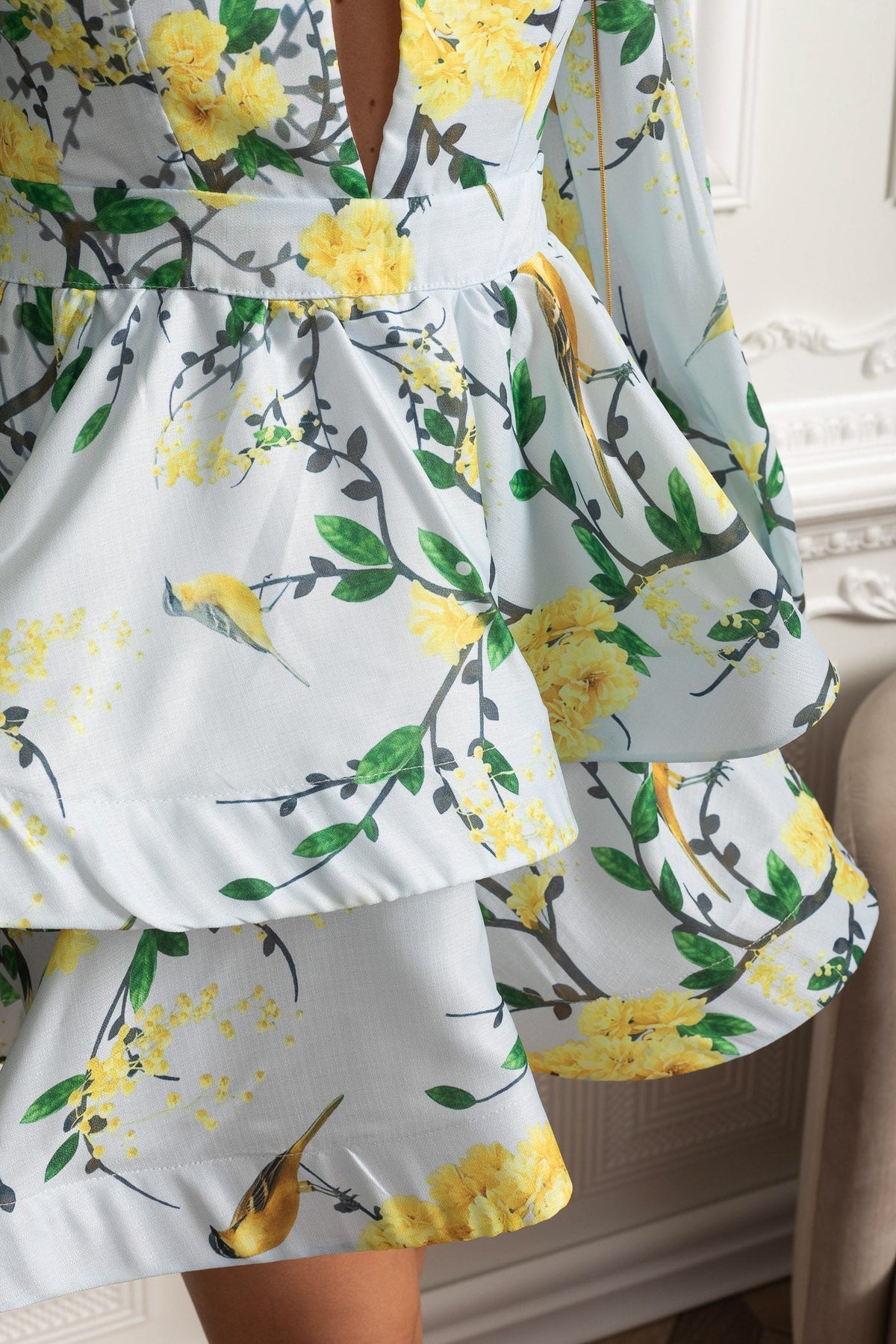 Watercolour Floral V-Neck Volume Sleeve Peplum Mini Dress – Sky Blue – view 5