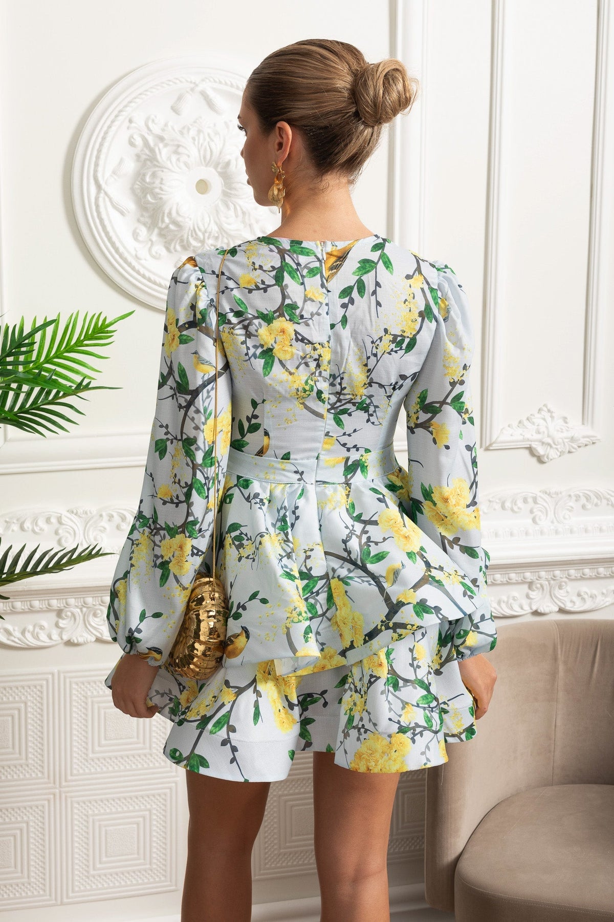 Watercolour Floral V-Neck Volume Sleeve Peplum Mini Dress – Sky Blue – view 8