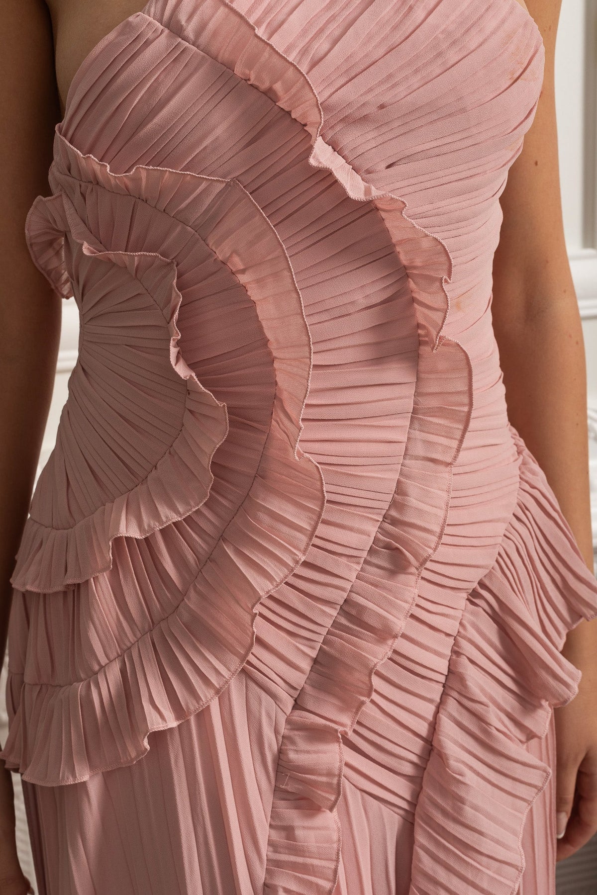 Accordion Pleated Halter Midi Dress with Cascading Ruffles – Pink – view 10