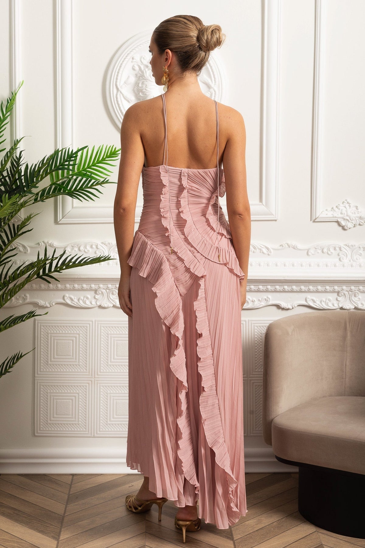 Accordion Pleated Halter Midi Dress with Cascading Ruffles – Pink – view 8