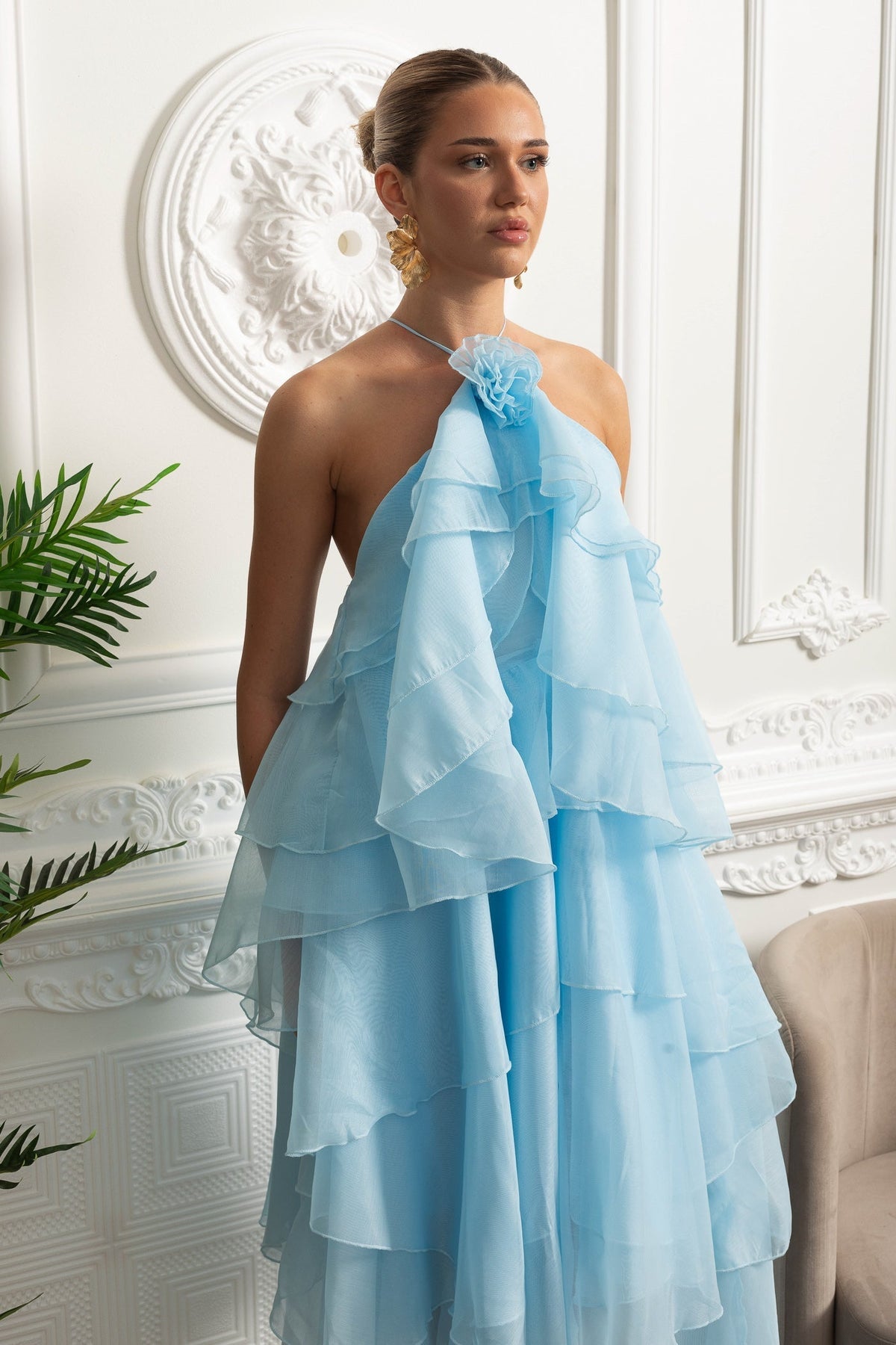 Halter Rosette Neck Tiered Ruffle High-Low Maxi Dress – Sky Blue – view 4