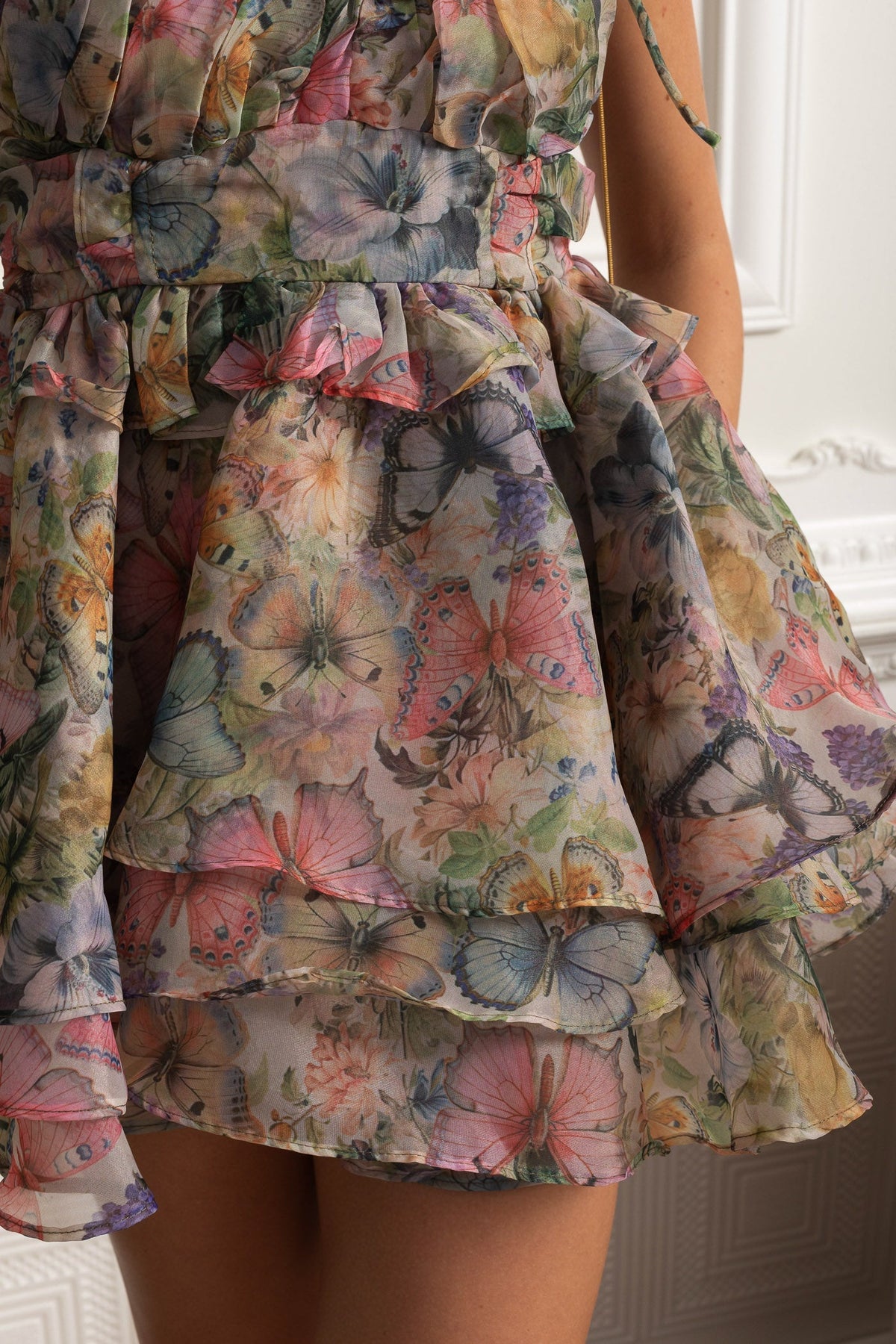 Printed Organza Ruffle Mini Dress with Lace-Up Corset Back – Multicolour Butterfly – view 7