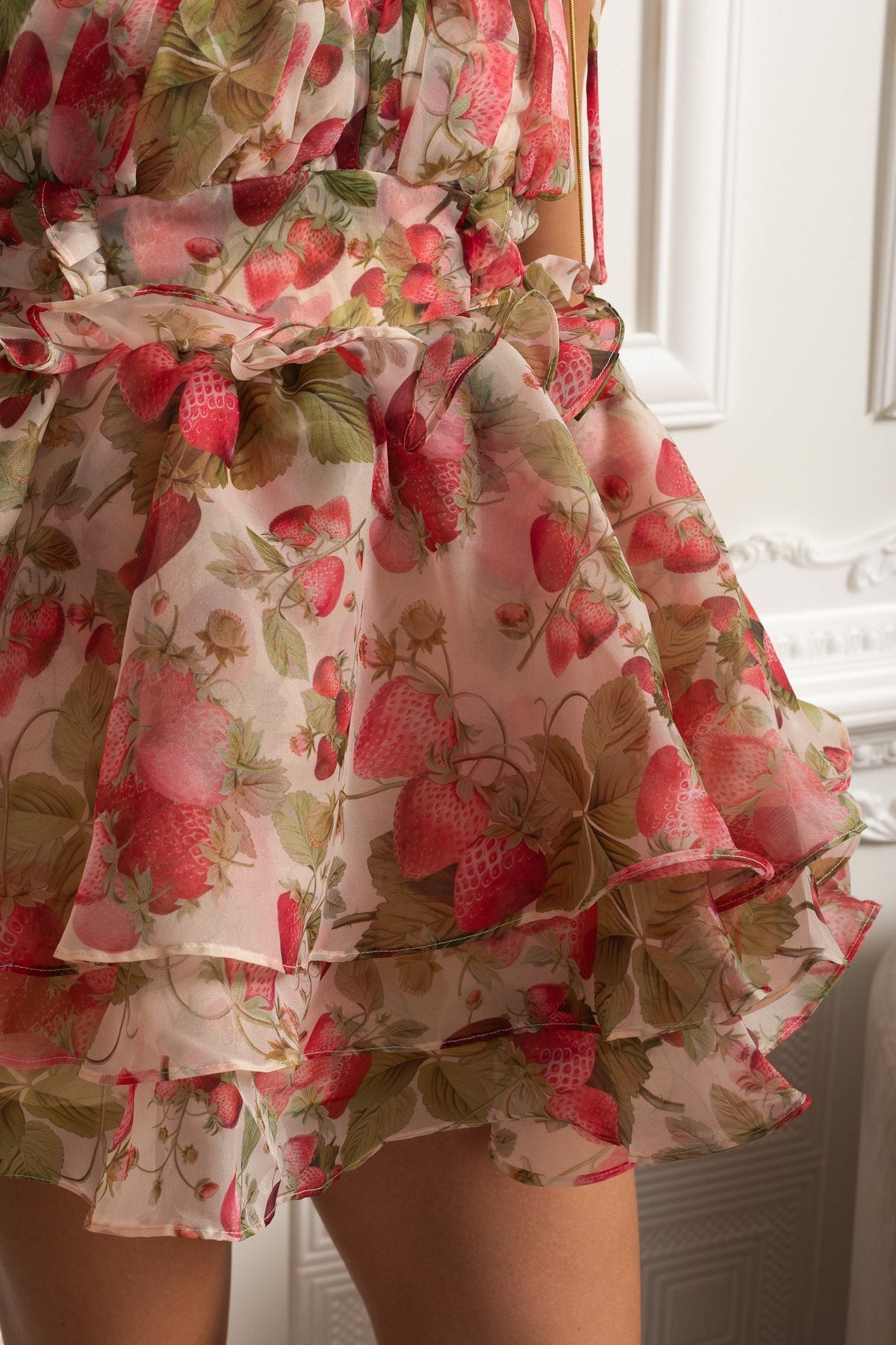 Printed Organza Ruffle Mini Dress with Lace-Up Corset Back – Strawberry – view 4