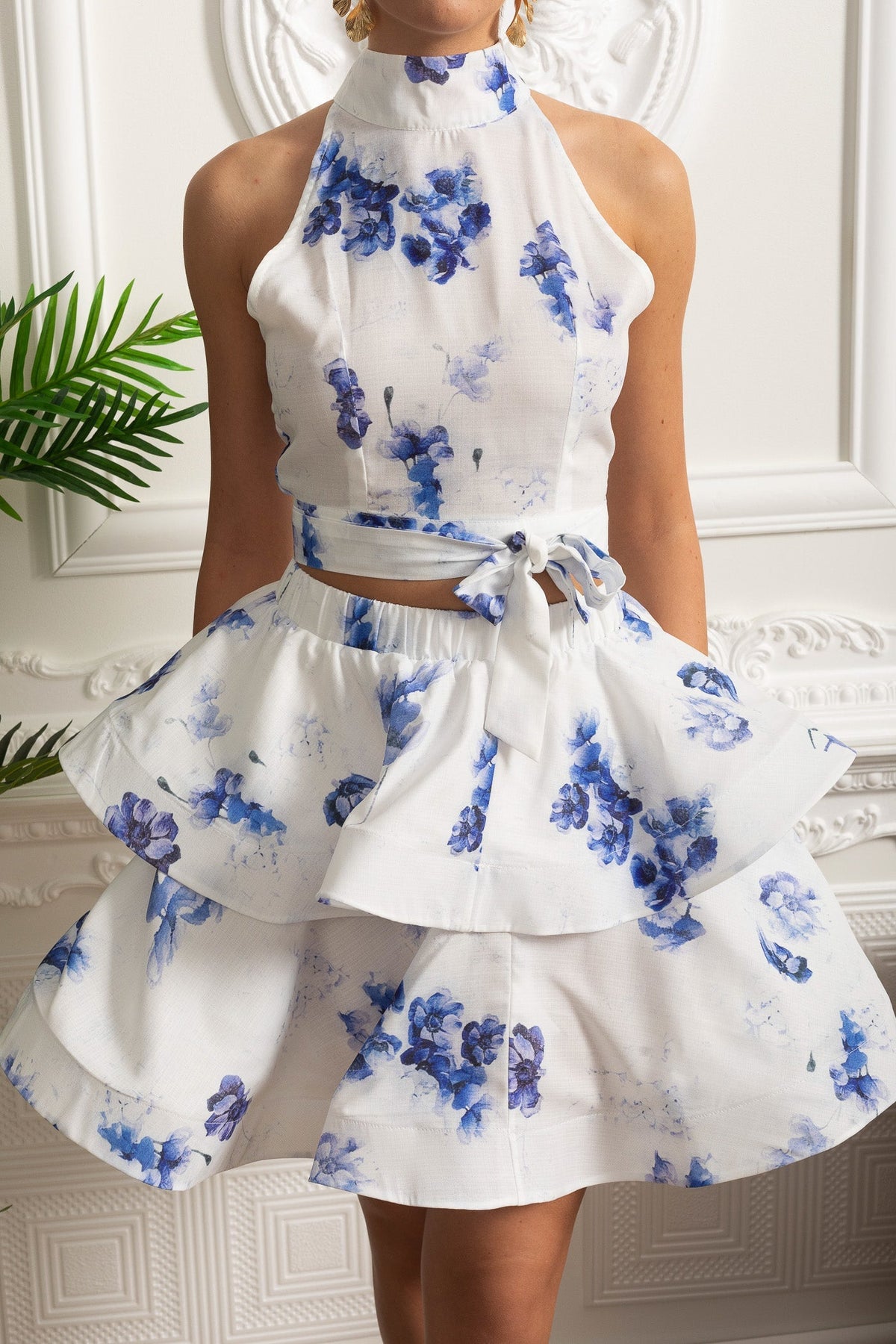 Floral Halter Crop Top and Layered Ruffle Mini Skirt Set – White/Blue – view 4