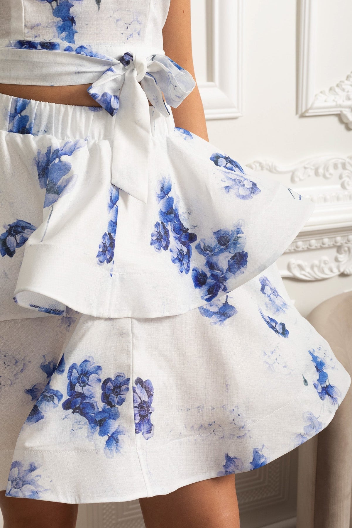Floral Halter Crop Top and Layered Ruffle Mini Skirt Set – White/Blue – view 5
