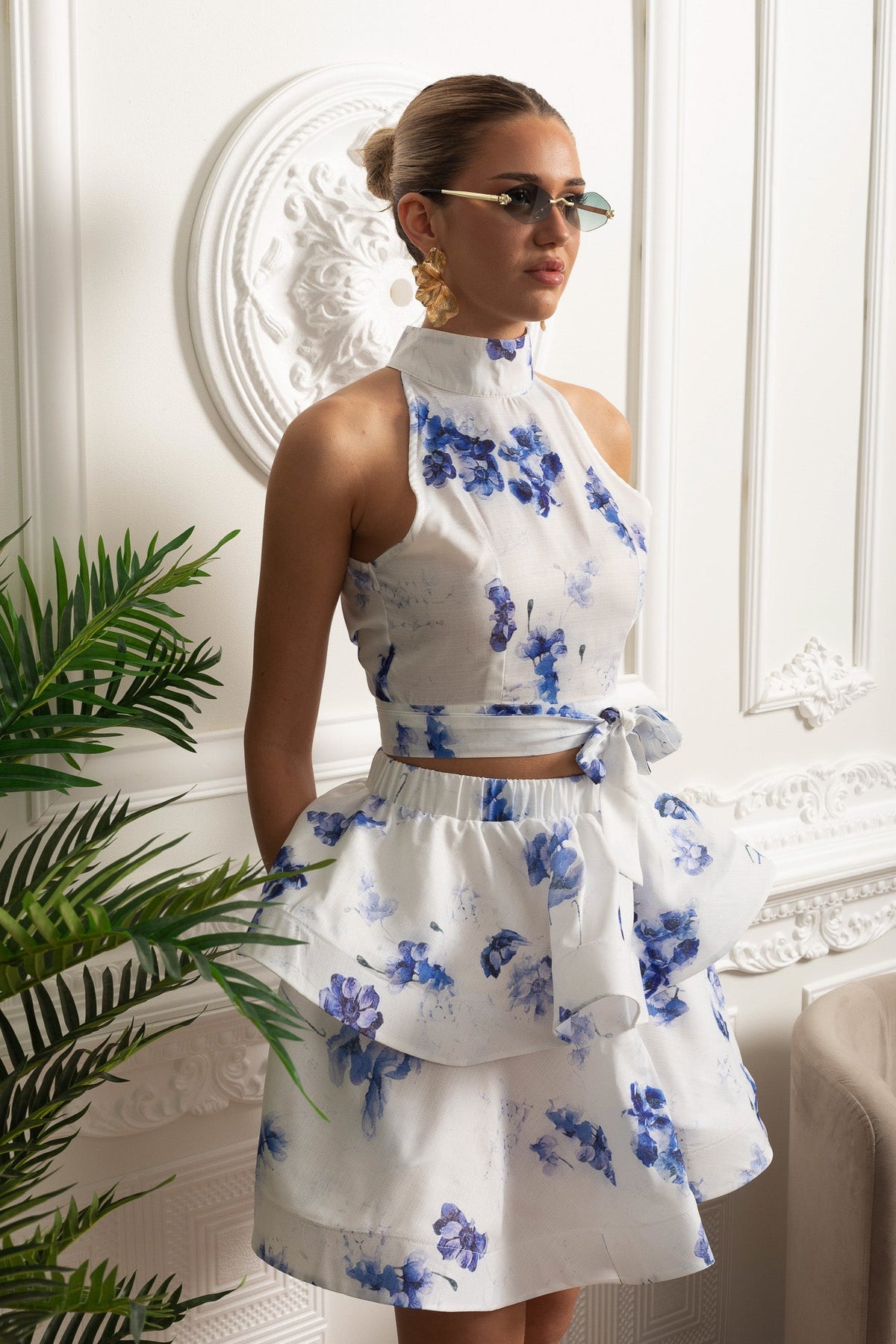 Floral Halter Crop Top and Layered Ruffle Mini Skirt Set – White/Blue – view 6