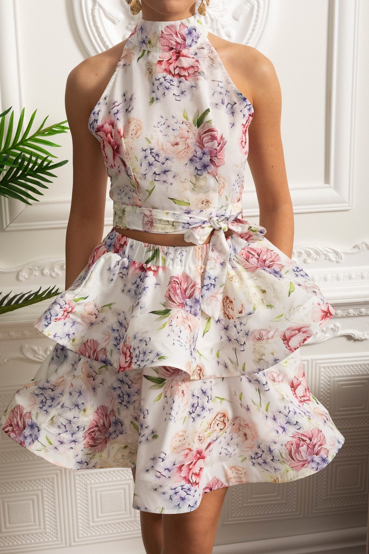 Floral Halter Crop Top and Layered Ruffle Mini Skirt Set – White/Pink – view 3