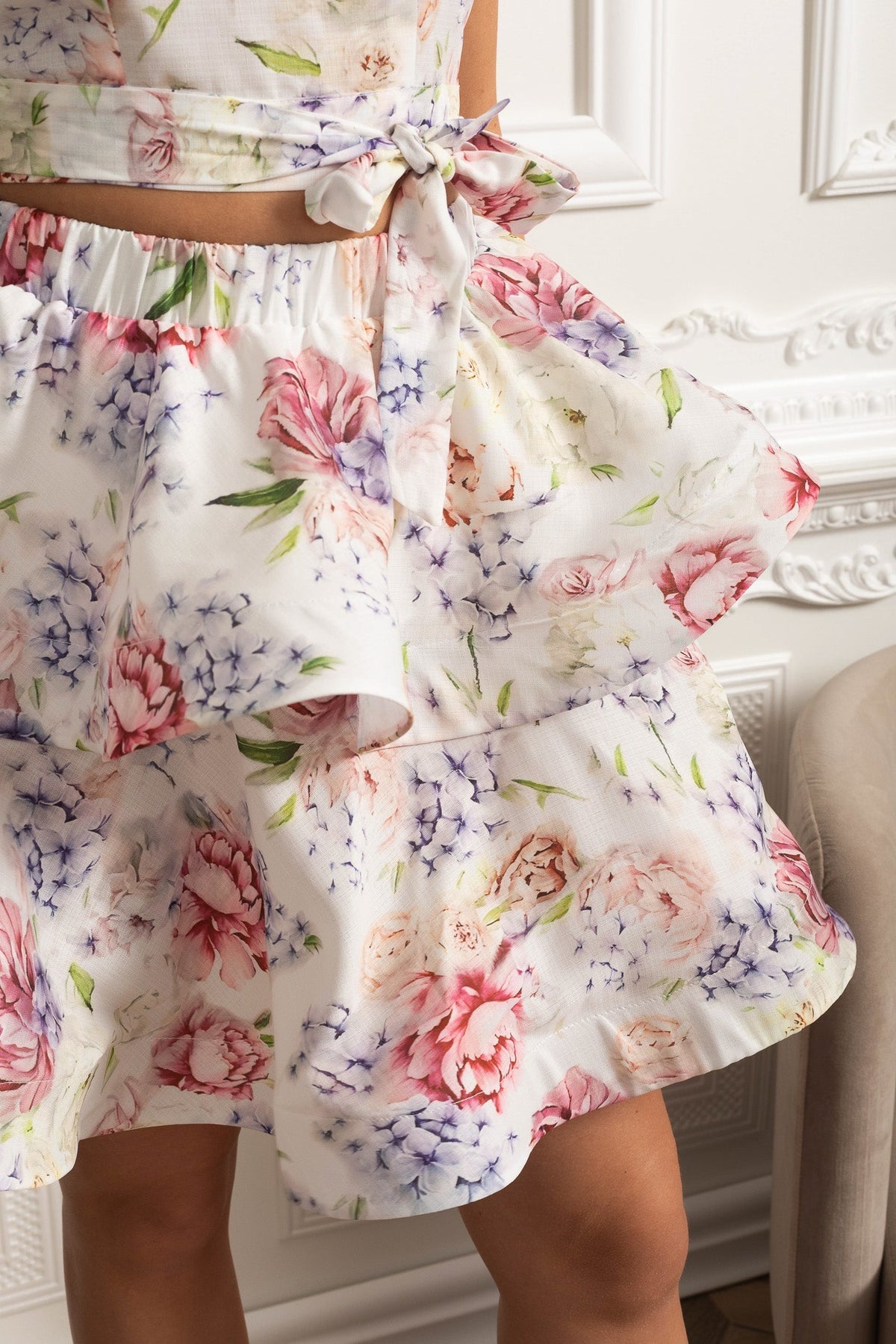 Floral Halter Crop Top and Layered Ruffle Mini Skirt Set – White/Pink – view 4