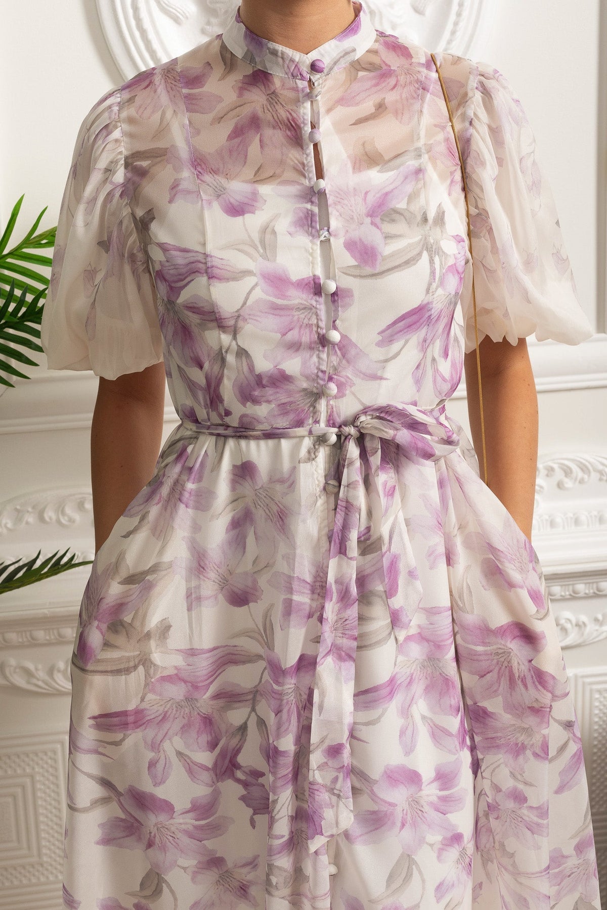 Sheer Botanical Print Puff Sleeve Midi Shirt Dress – White/Purple – view 4